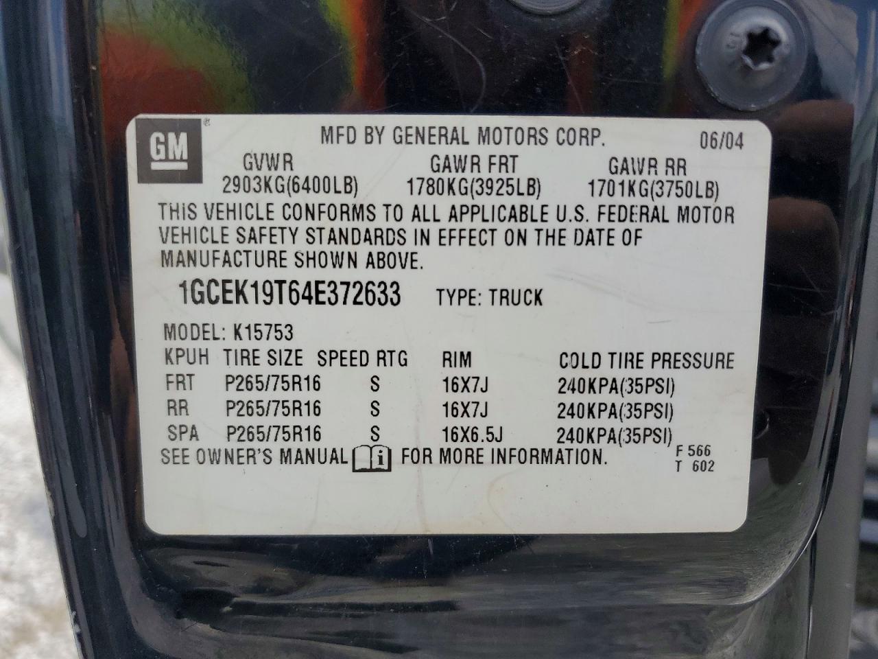 2004 Chevrolet Silverado K1500 Black vin: 1GCEK19T64E372633