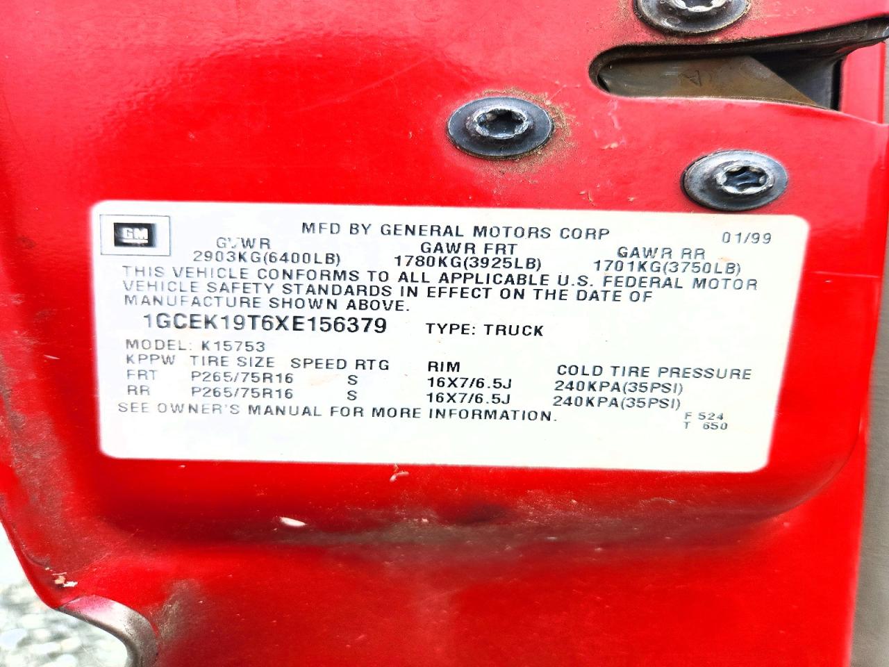 1999 Chevrolet Silverado K1500 Red vin: 1GCEK19T6XE156379