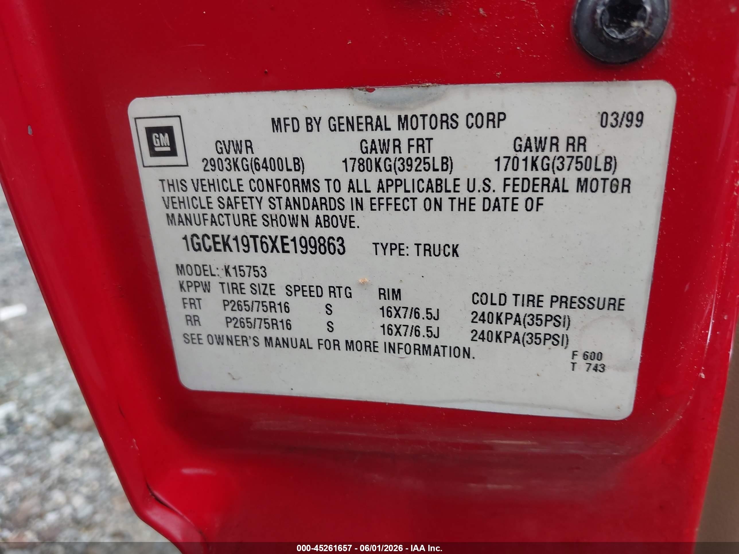 1999 Chevrolet Silverado 1500 Lt Red vin: 1GCEK19T6XE199863