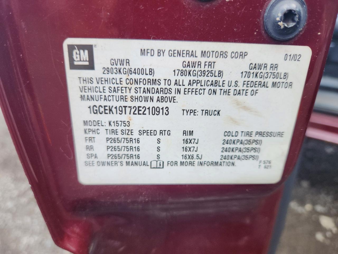 2002 Chevrolet Silverado K1500 Red vin: 1GCEK19T72E210913