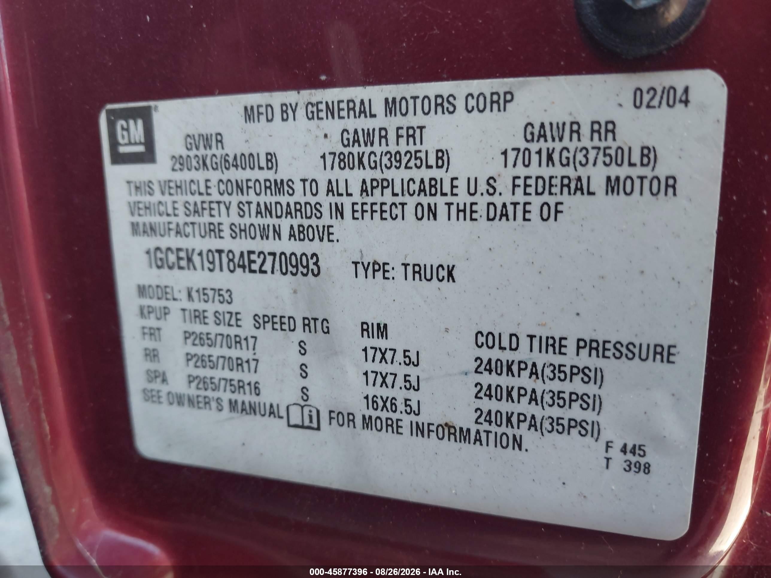 2004 Chevrolet Silverado 1500 Z71 Red vin: 1GCEK19T84E270993