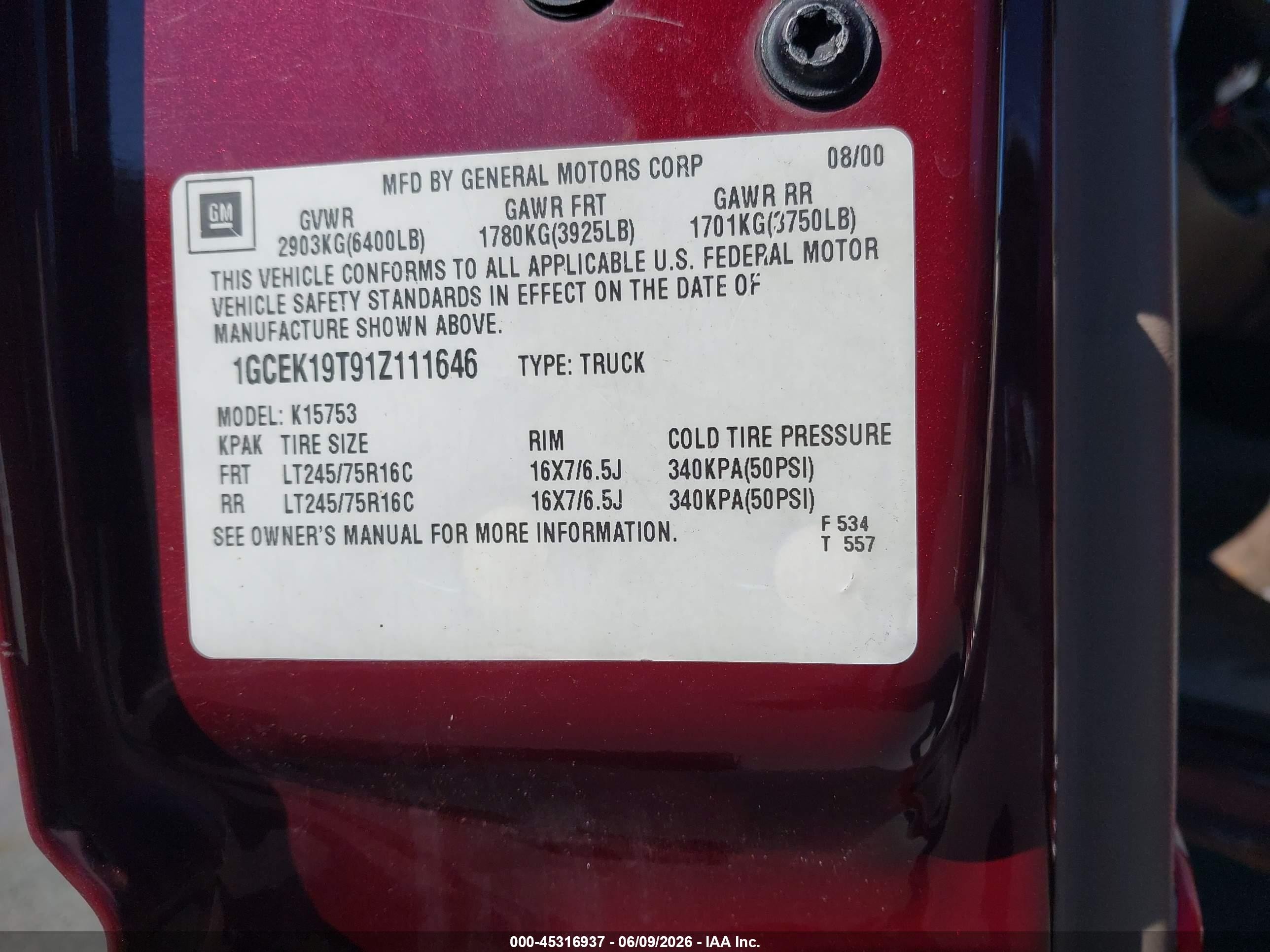 2001 Chevrolet Silverado 1500 Ls Red vin: 1GCEK19T91Z111646