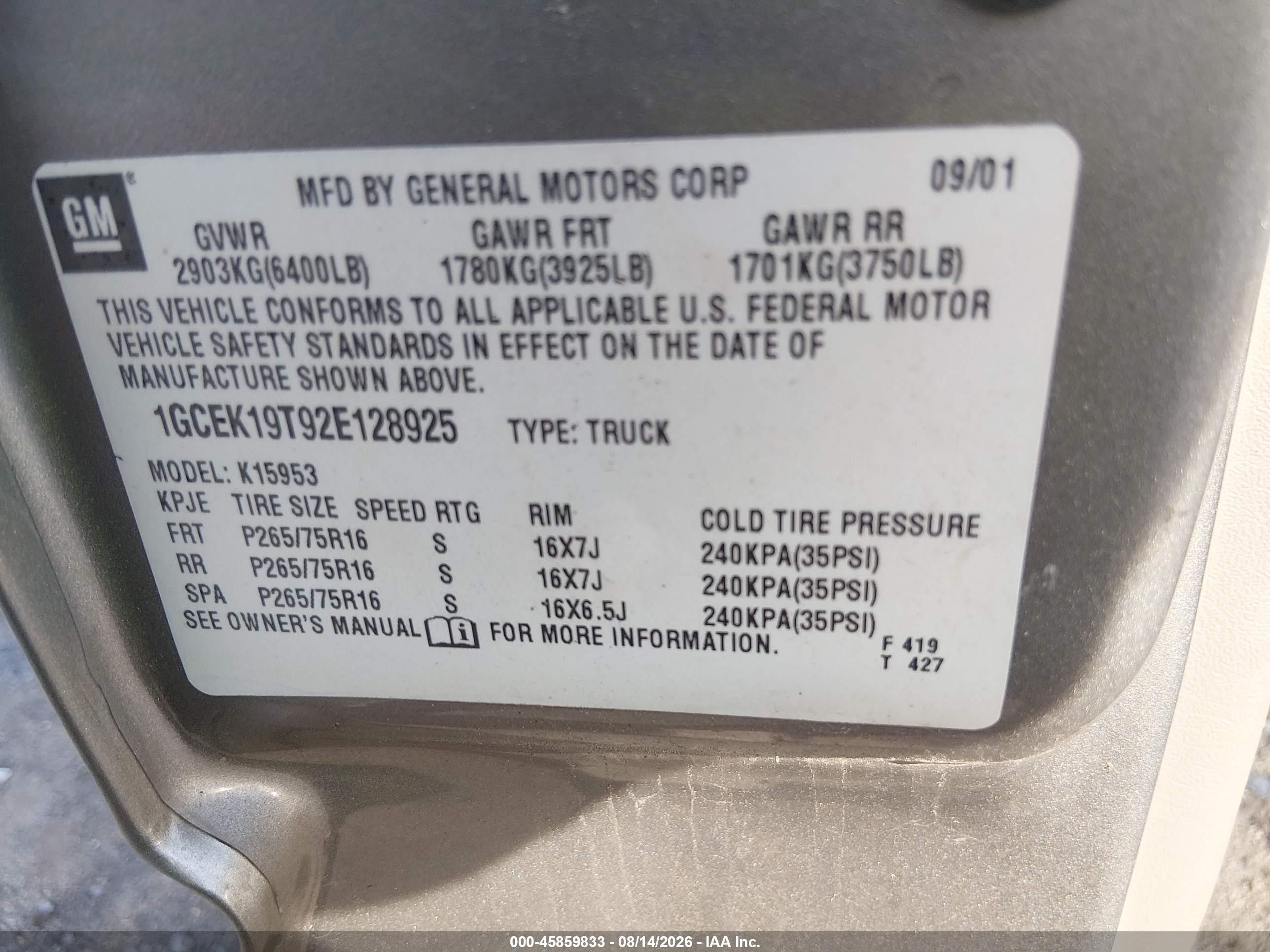 2002 Chevrolet Silverado 1500 Lt Tan vin: 1GCEK19T92E128925