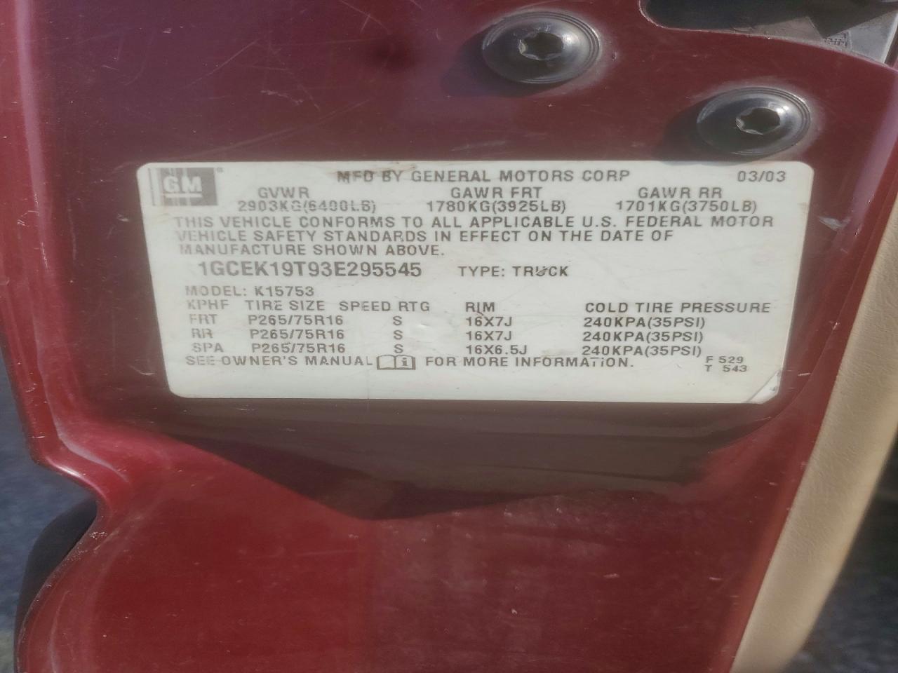 2003 Chevrolet Silverado K1500 Burgundy vin: 1GCEK19T93E295545