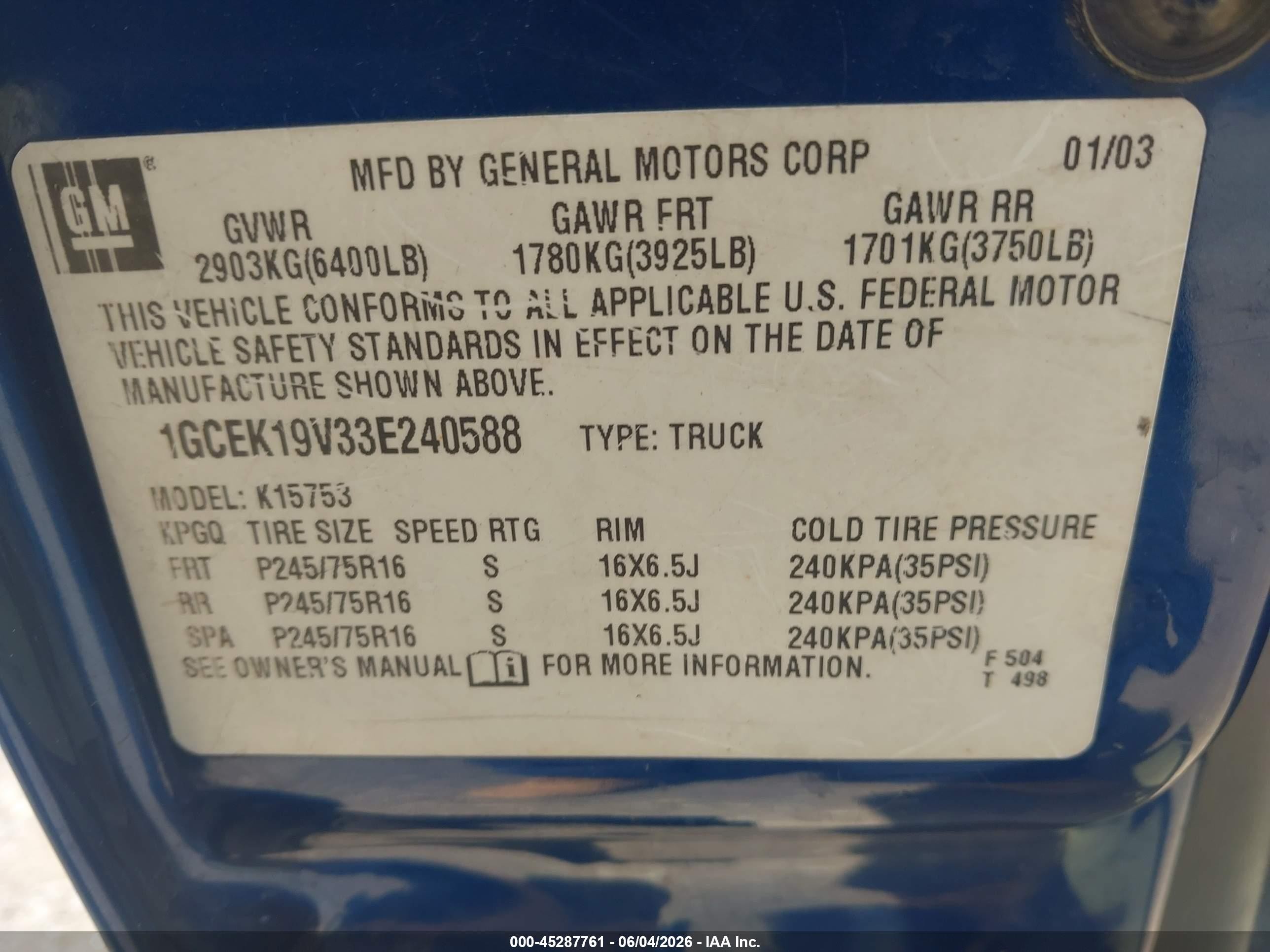 2003 Chevrolet Silverado 1500   Синий vin: 1GCEK19V33E240588