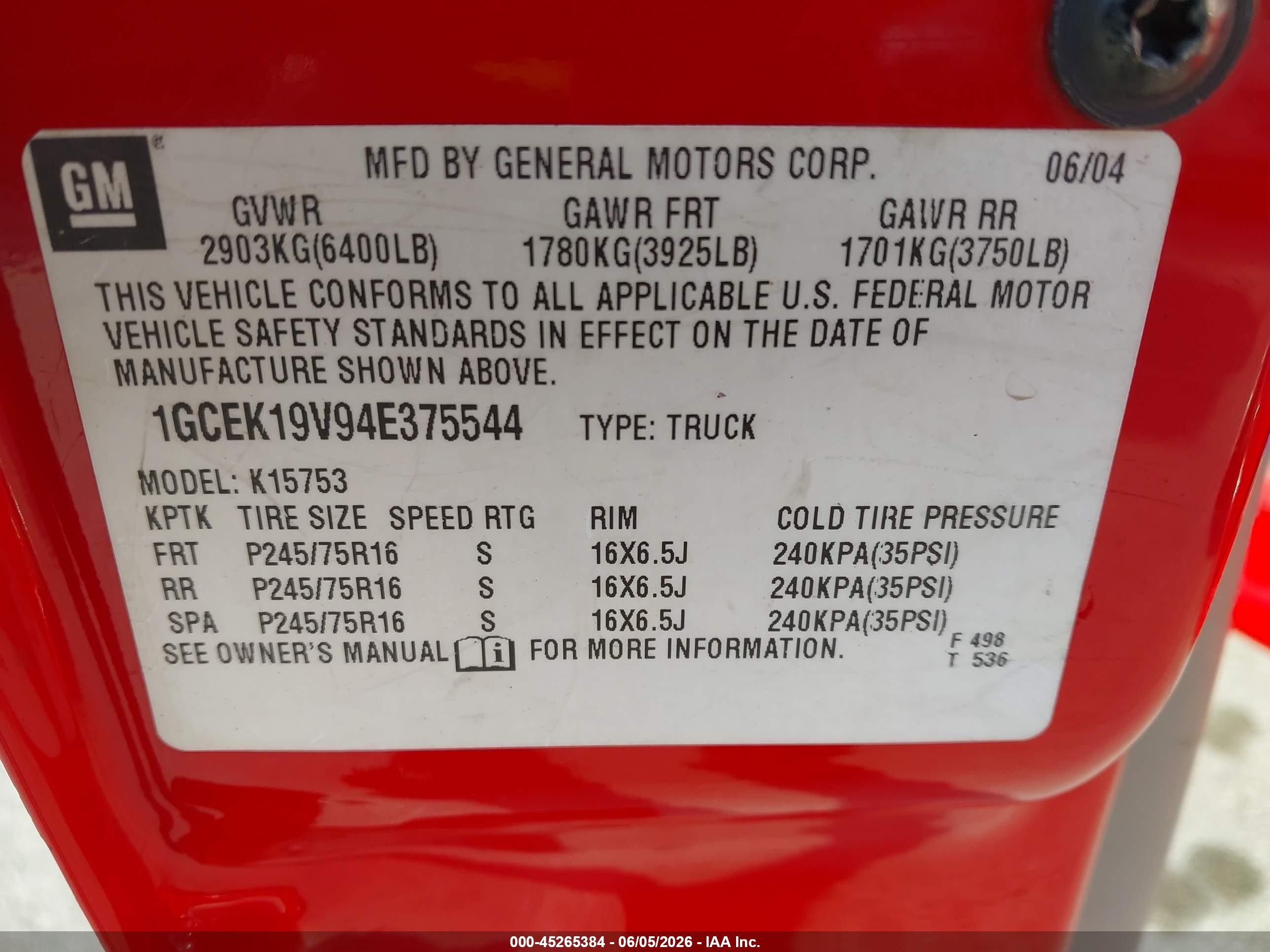 2004 Chevrolet Silverado 1500   Red vin: 1GCEK19V94E375544