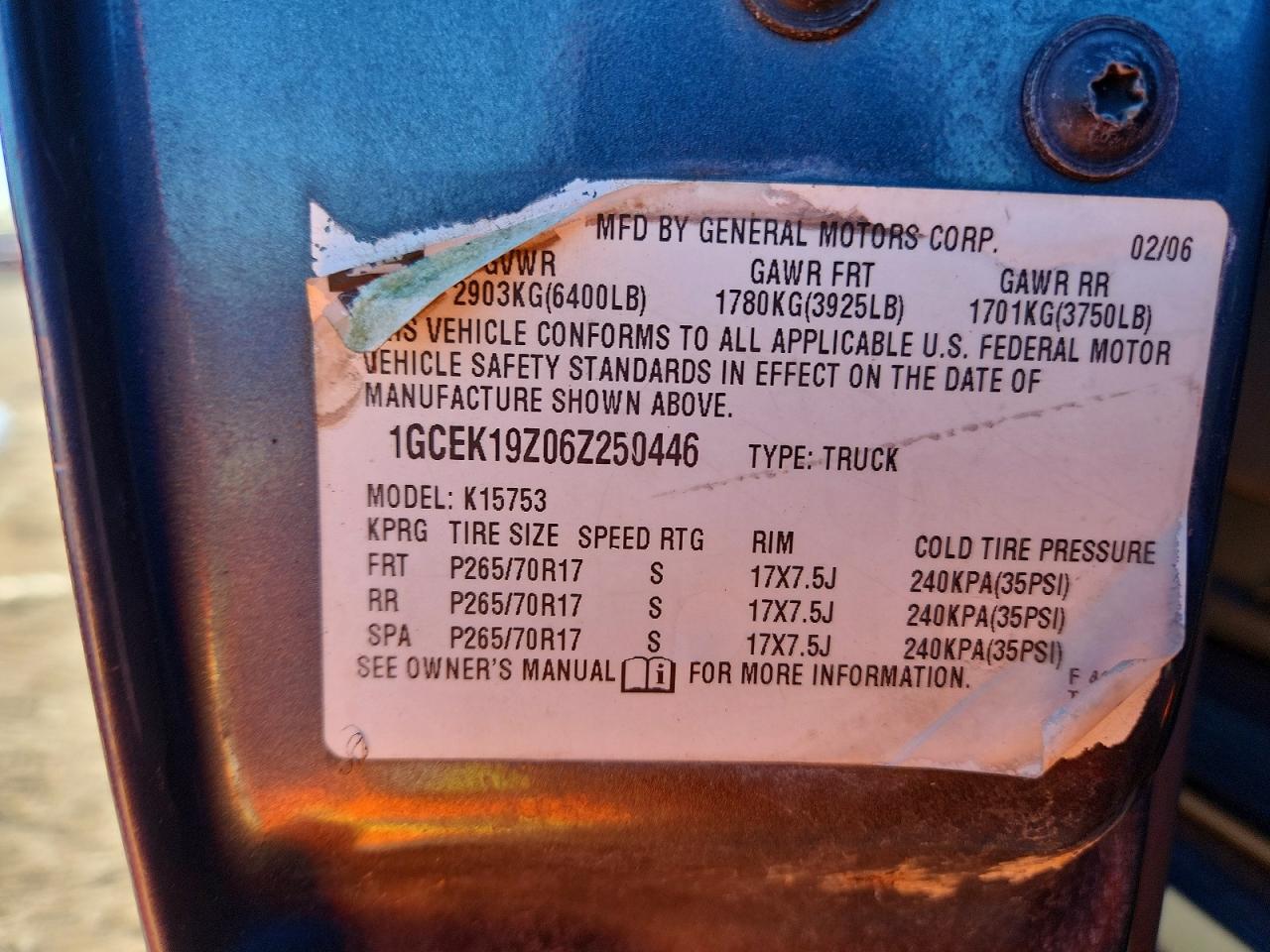 2006 Chevrolet Silverado K1500 Blue vin: 1GCEK19Z06Z250446
