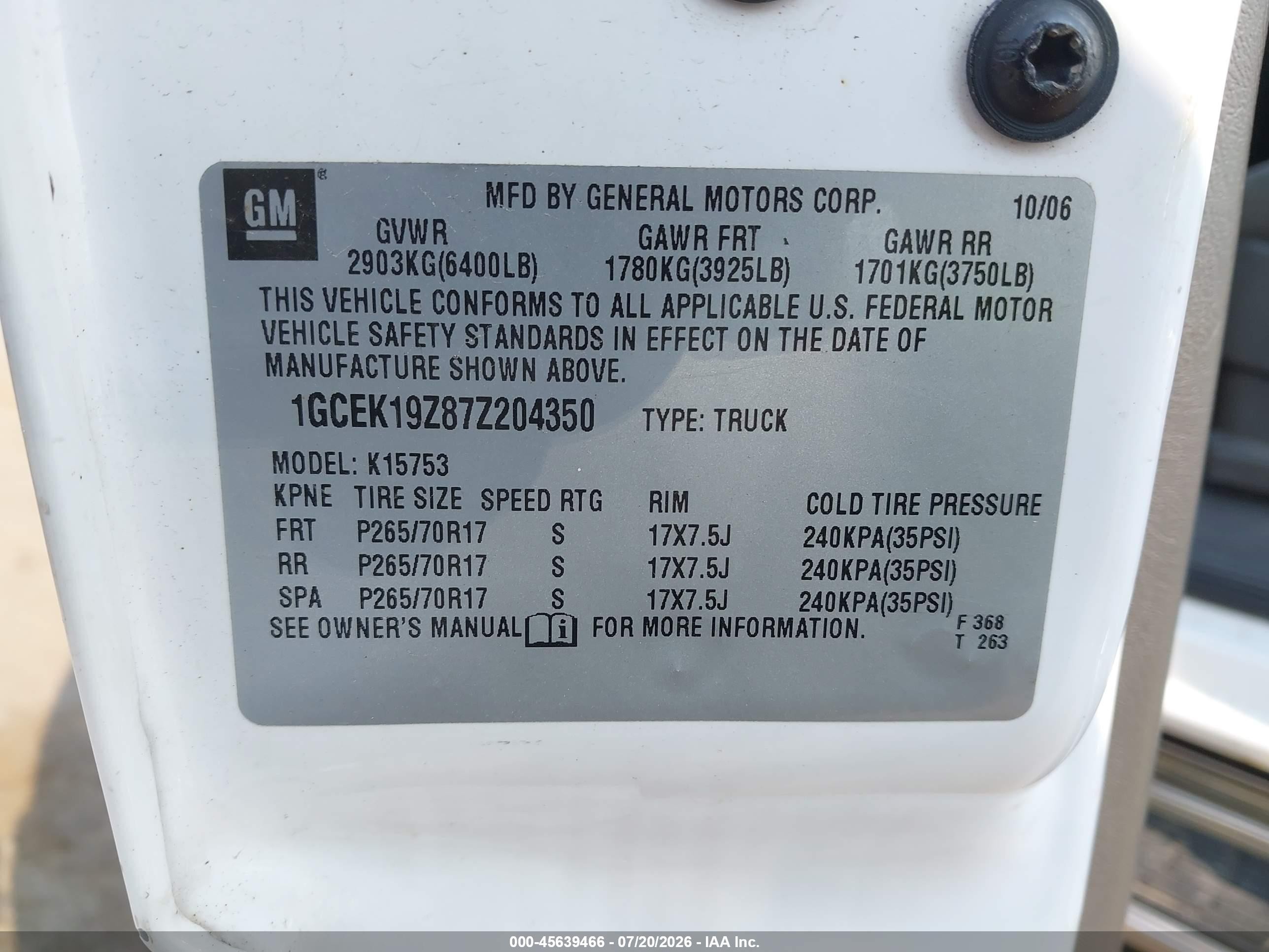 2007 Chevrolet Silverado 1500 Classic Lt1 White vin: 1GCEK19Z87Z204350