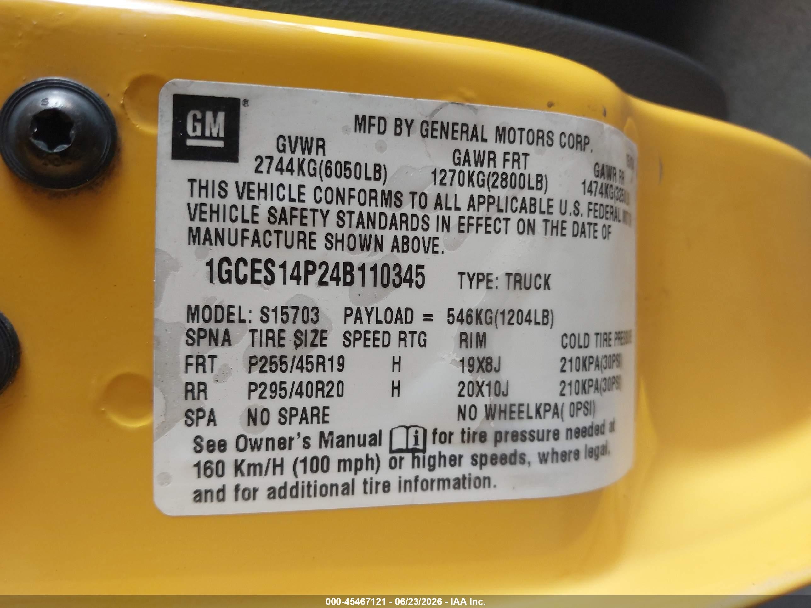 2004 Chevrolet Ssr   Yellow vin: 1GCES14P24B110345