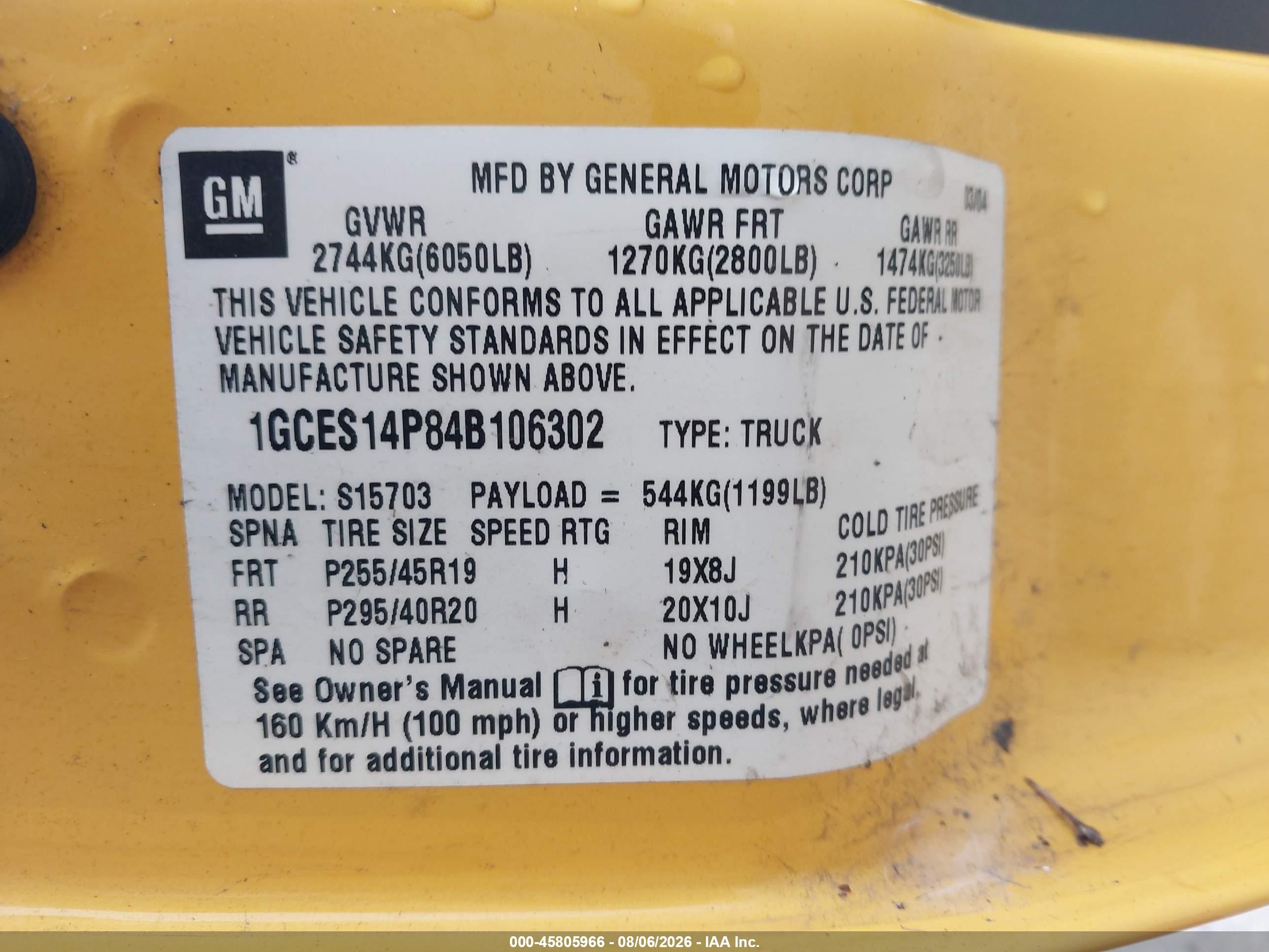 2004 Chevrolet Ssr   Yellow vin: 1GCES14P84B106302