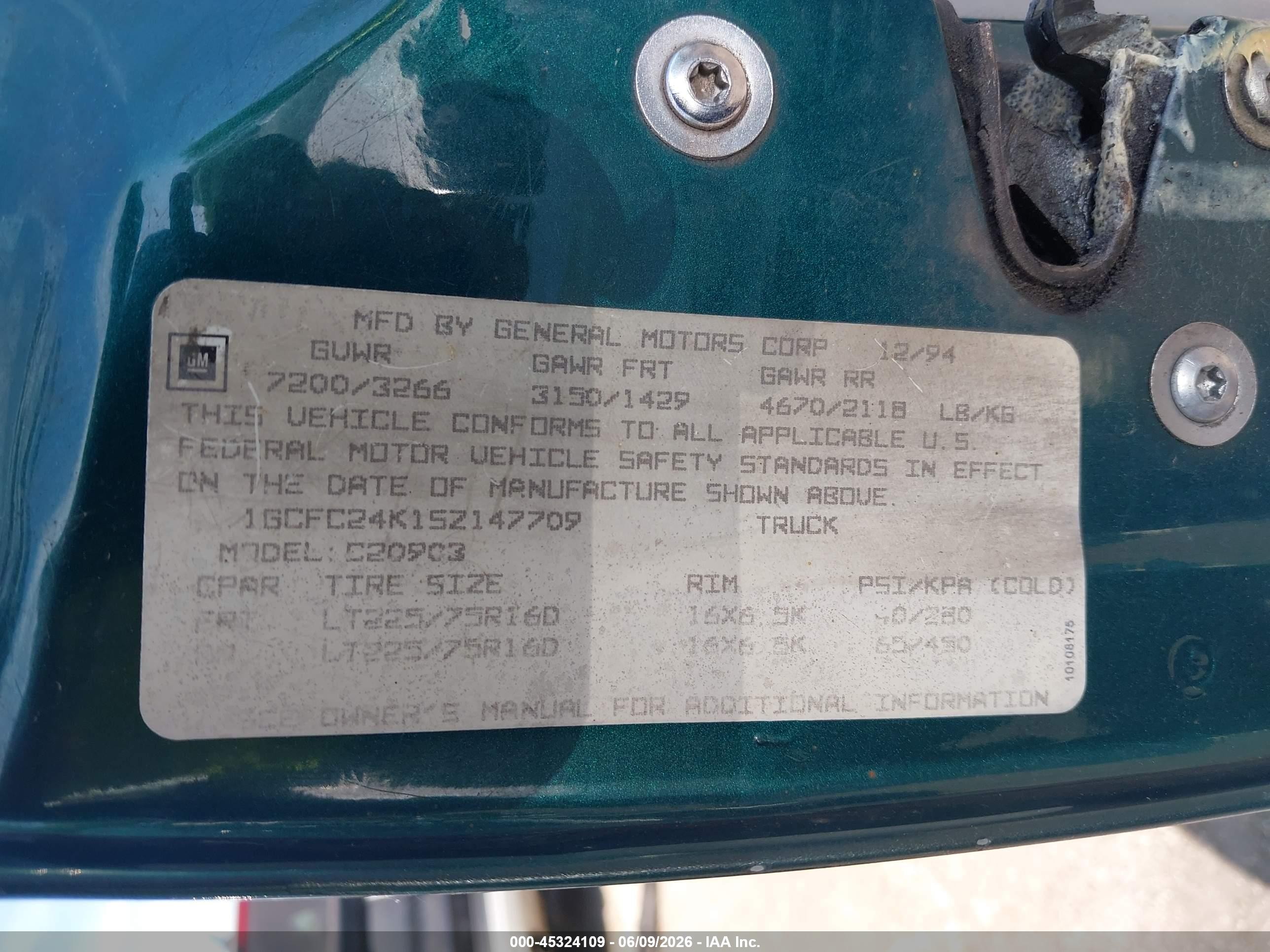 1995 Chevrolet Gmt-400 C2500 Green vin: 1GCFC24K1SZ147709