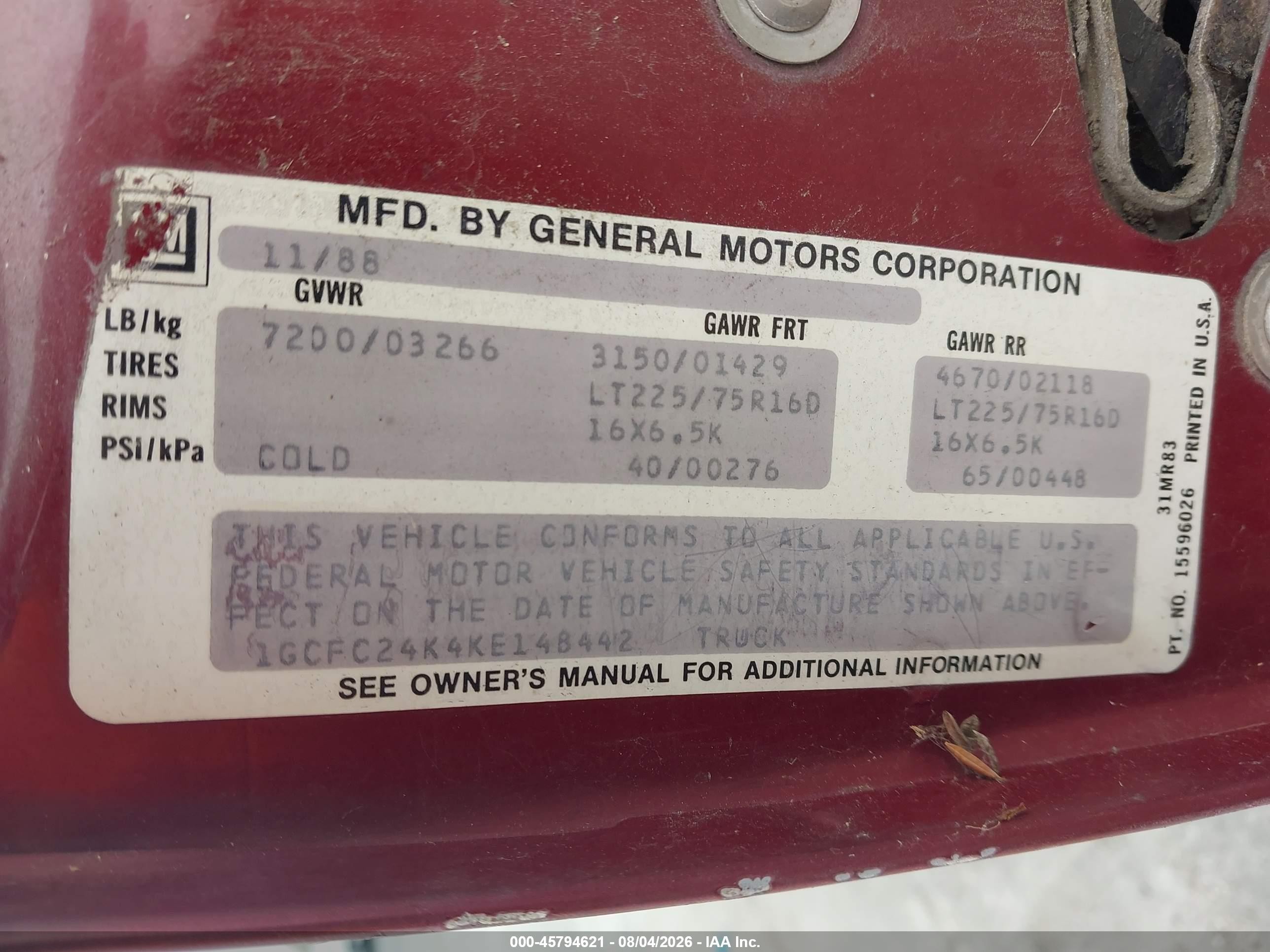 1989 Chevrolet Gmt-400 C2500 Бордовый vin: 1GCFC24K4KE148442