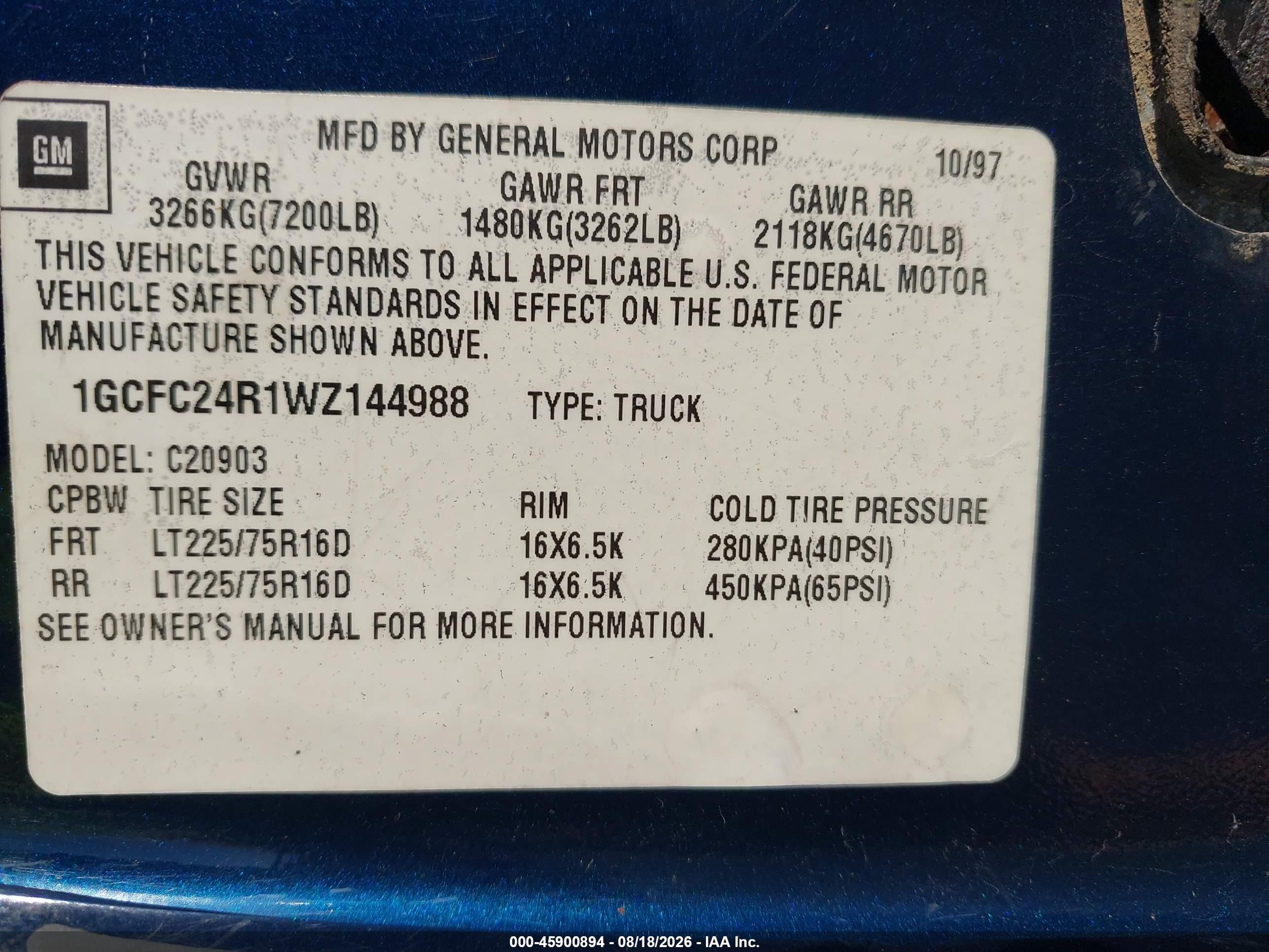1998 Chevrolet C/k 2500 Hd Fleetside Blue vin: 1GCFC24R1WZ144988