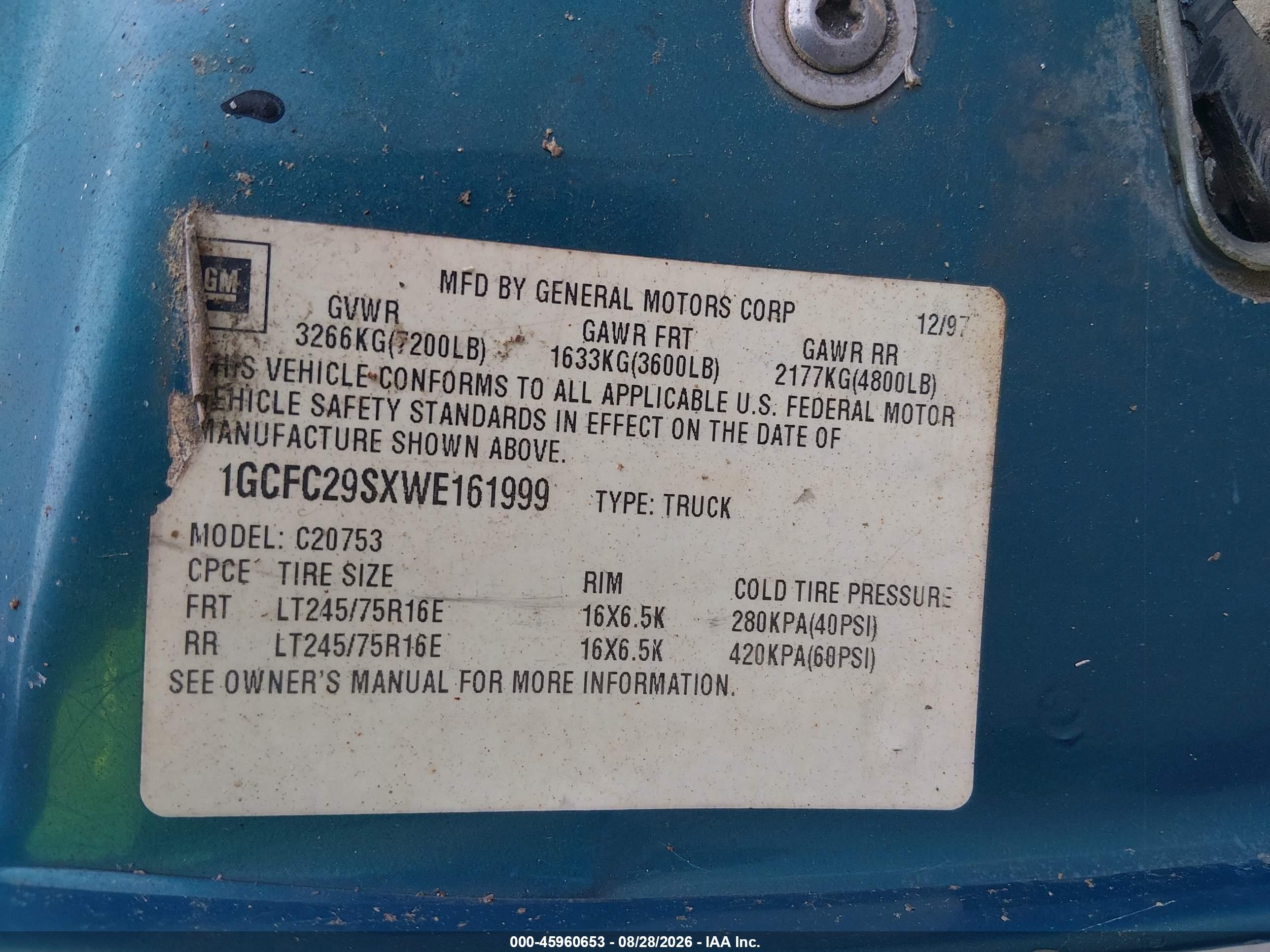 1998 Chevrolet C/k 2500 Fleetside Blue vin: 1GCFC29SXWE161999