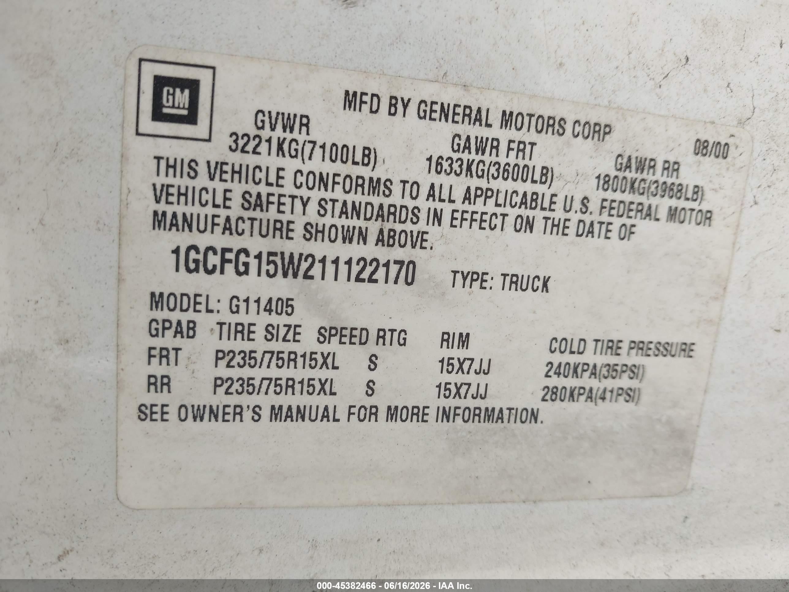 2001 Chevrolet Express   White vin: 1GCFG15W211122170