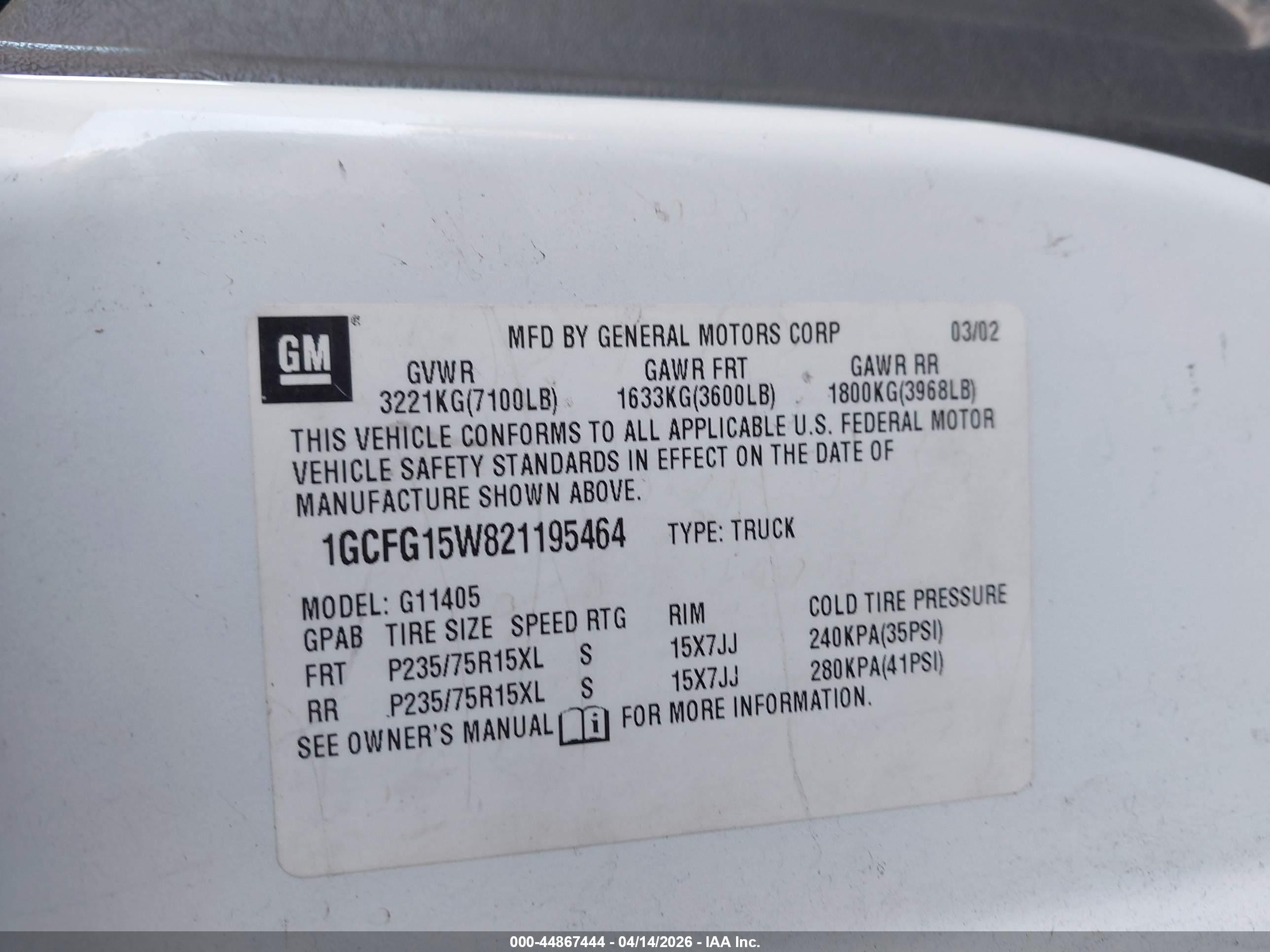 2002 Chevrolet Express White vin: 1GCFG15W821195464