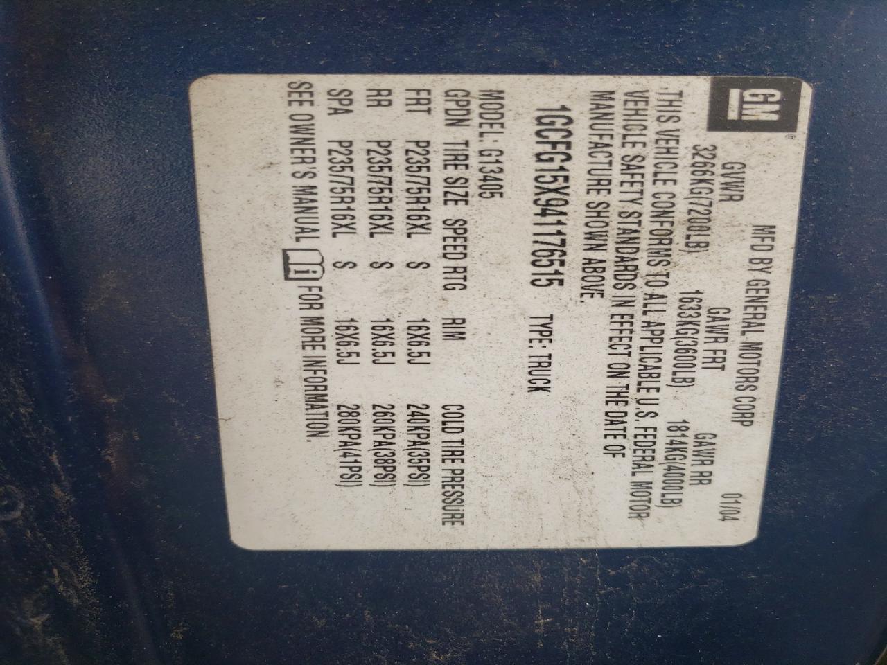 2004 Chevrolet Express G1500 Blue vin: 1GCFG15X941176515