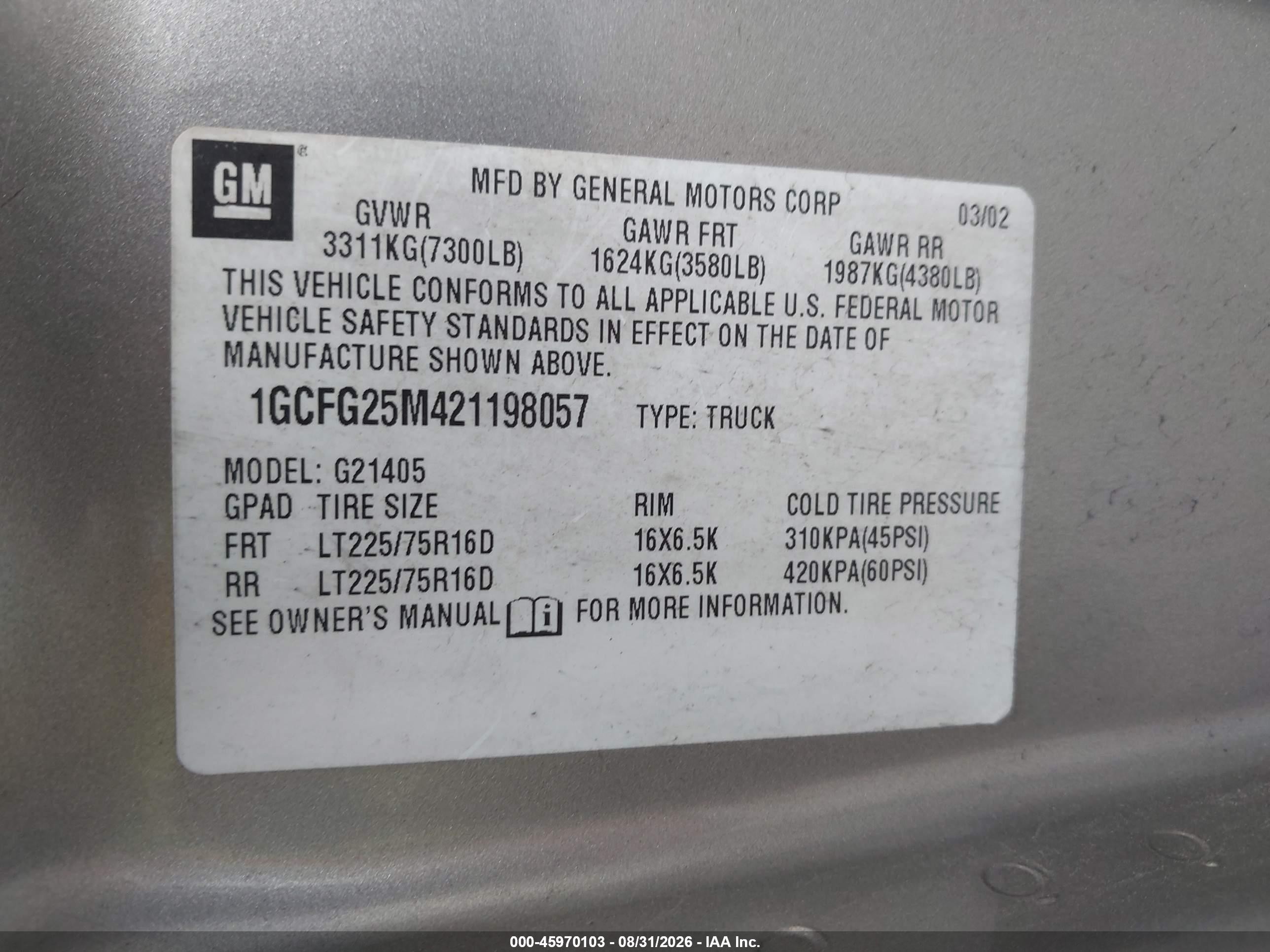 2002 Chevrolet Express   Tan vin: 1GCFG25M421198057