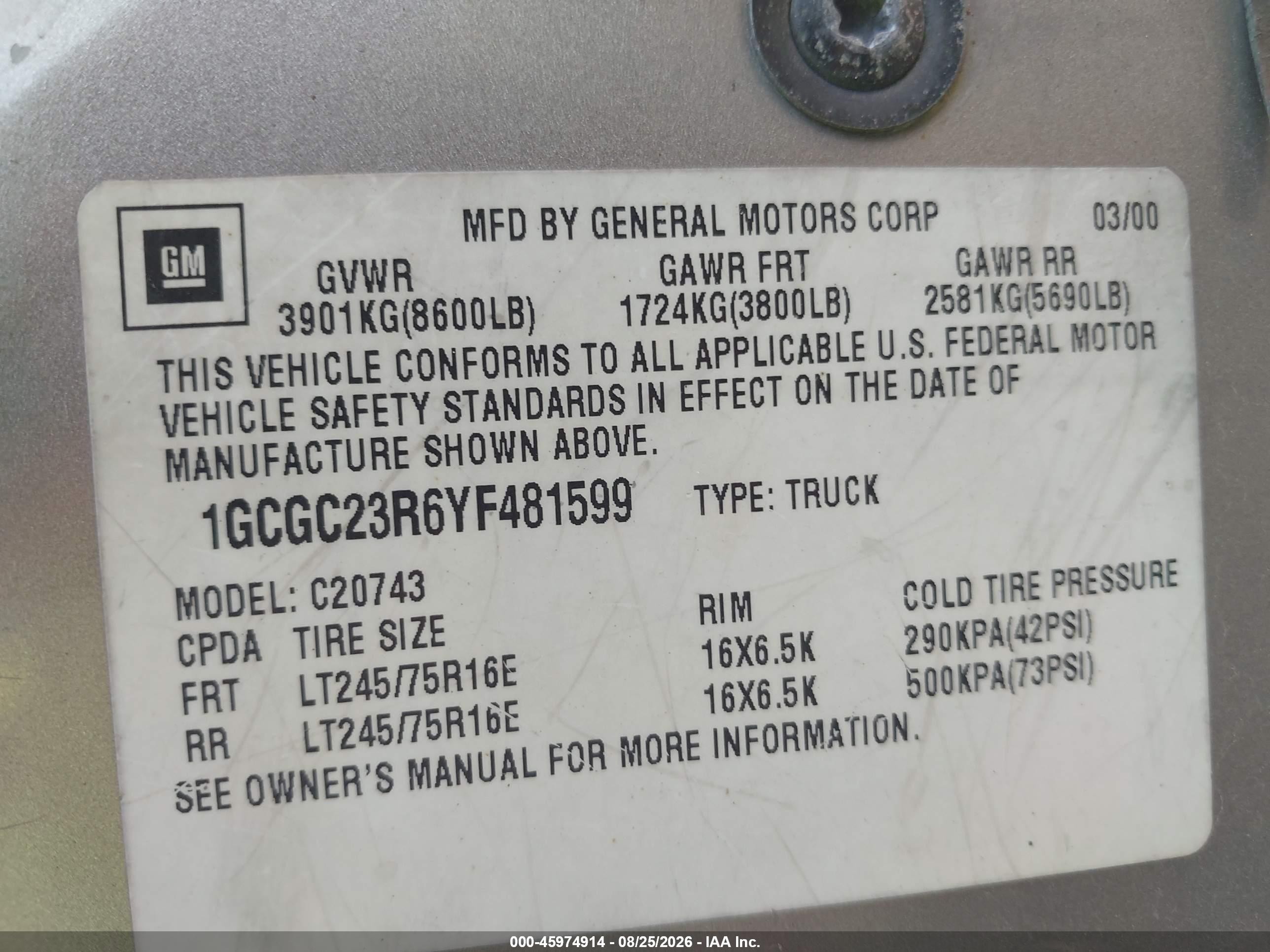 2000 Chevrolet C2500   Silver vin: 1GCGC23R6YF481599