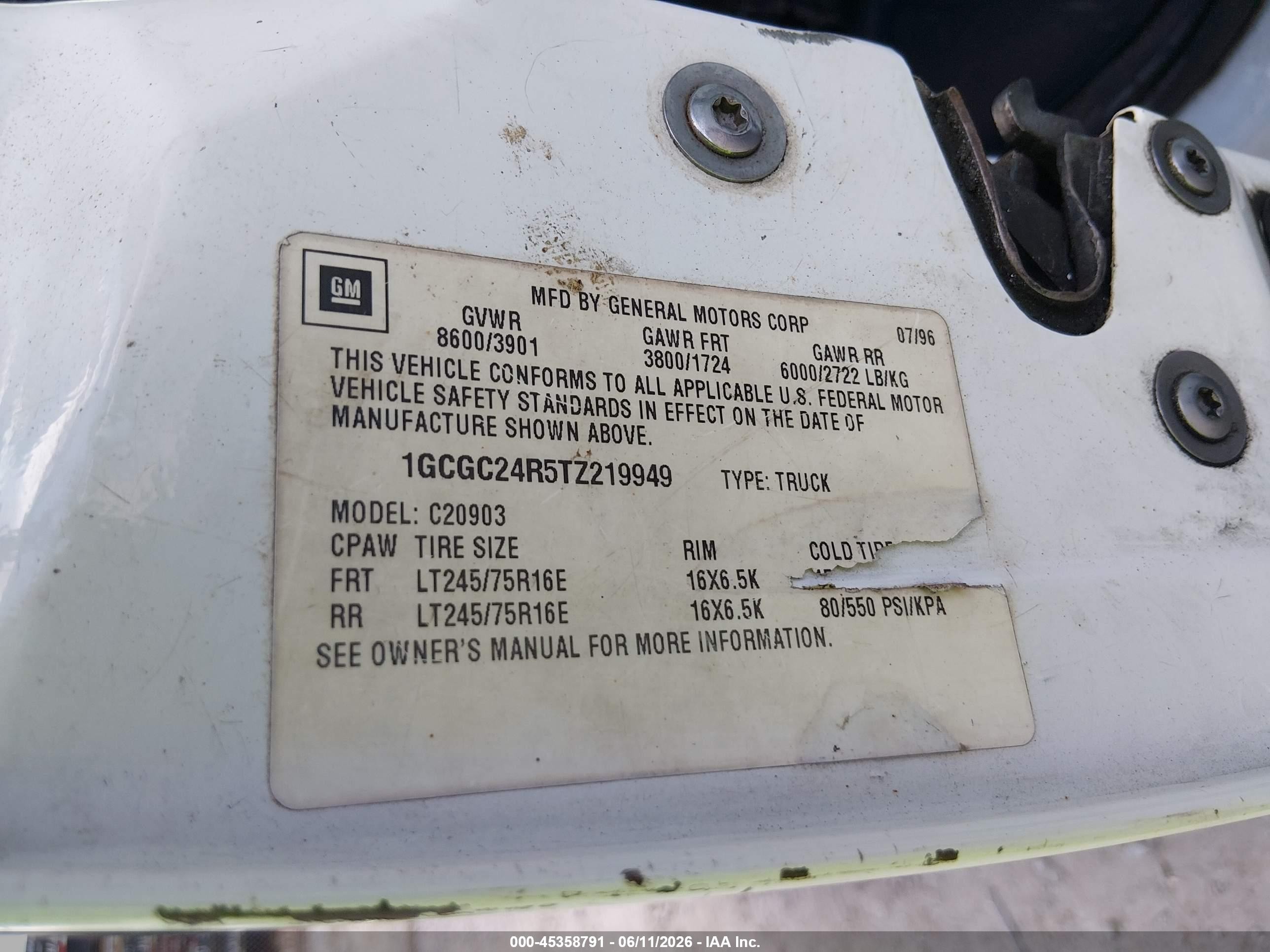 1996 Chevrolet Gmt-400 C2500 Белый vin: 1GCGC24R5TZ219949