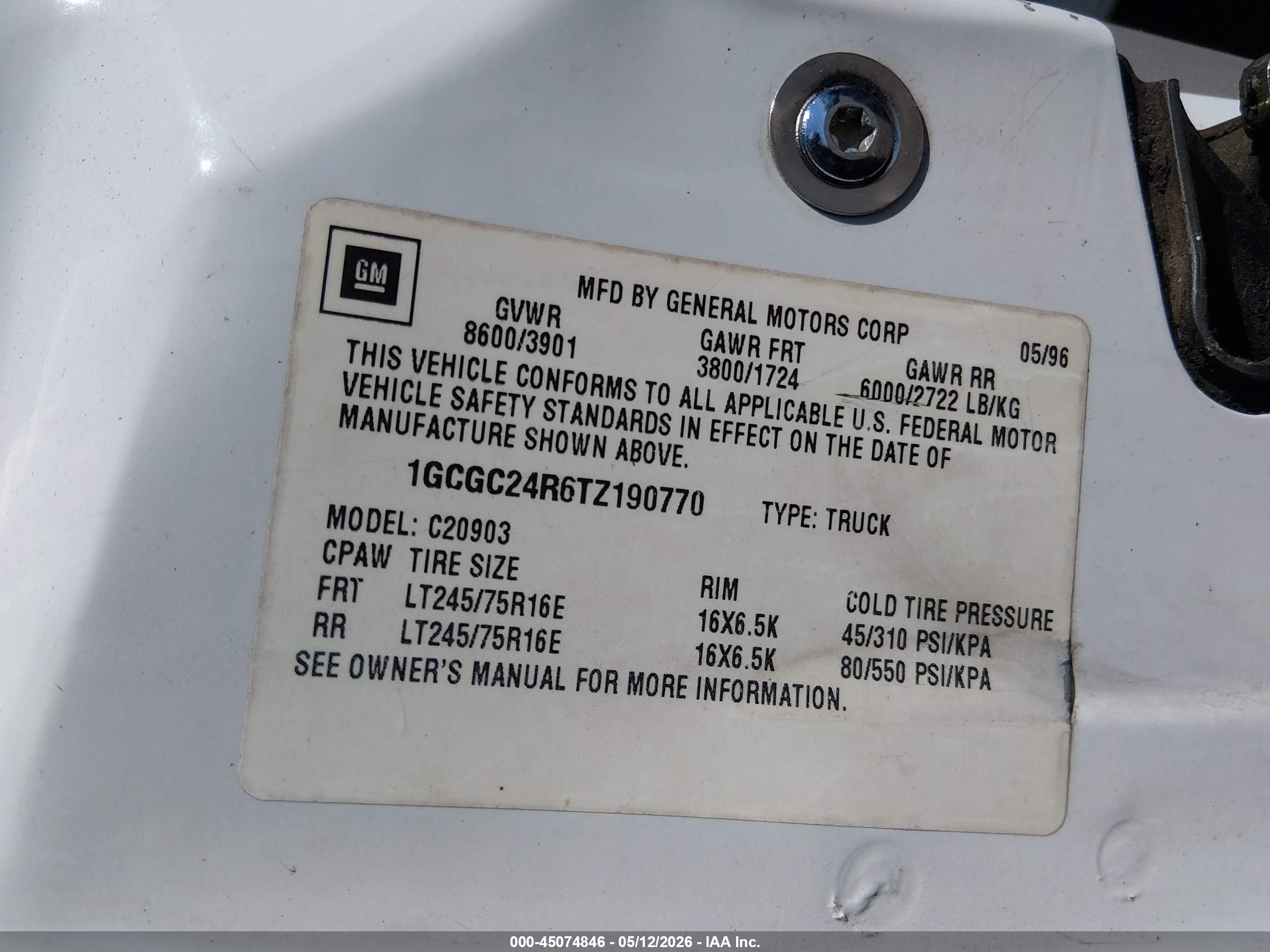 1996 Chevrolet Gmt-400 C2500 White vin: 1GCGC24R6TZ190770