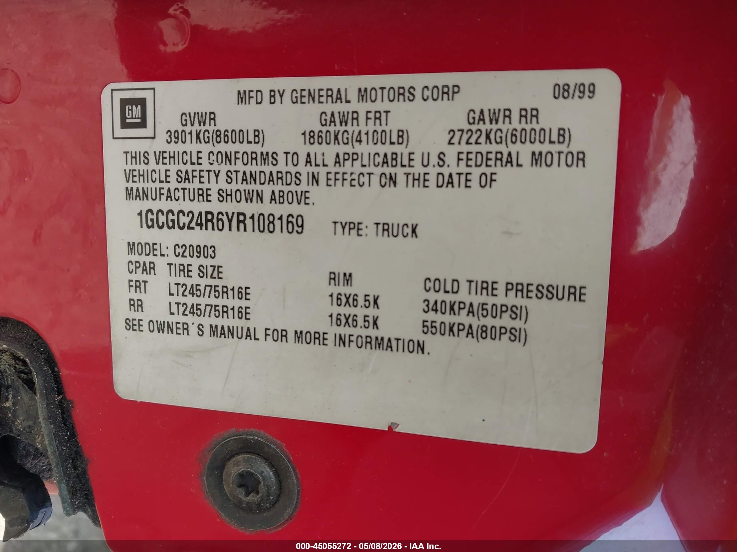 2000 Chevrolet C2500   Red vin: 1GCGC24R6YR108169