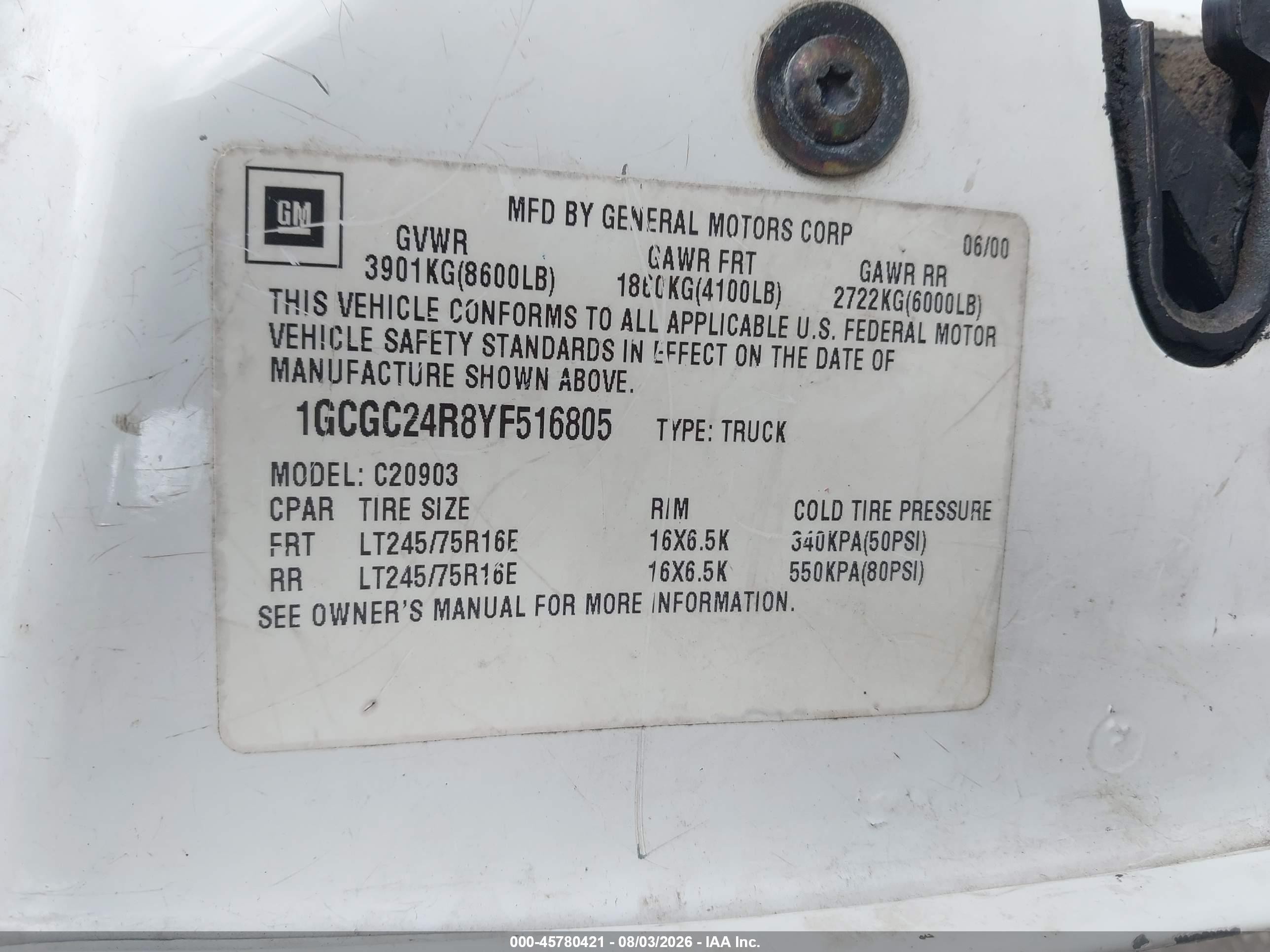 2000 Chevrolet C2500   White vin: 1GCGC24R8YF516805
