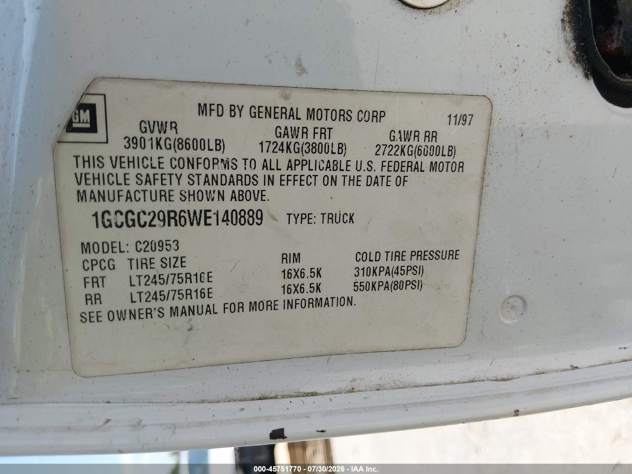 1998 Chevrolet C/k 2500 Fleetside White vin: 1GCGC29R6WE140889