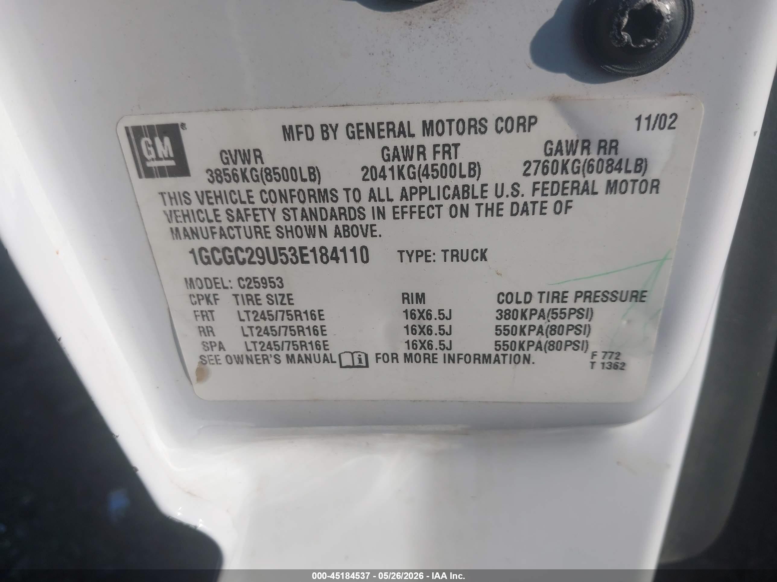 2003 Chevrolet Silverado C2500 White vin: 1GCGC29U53E184110