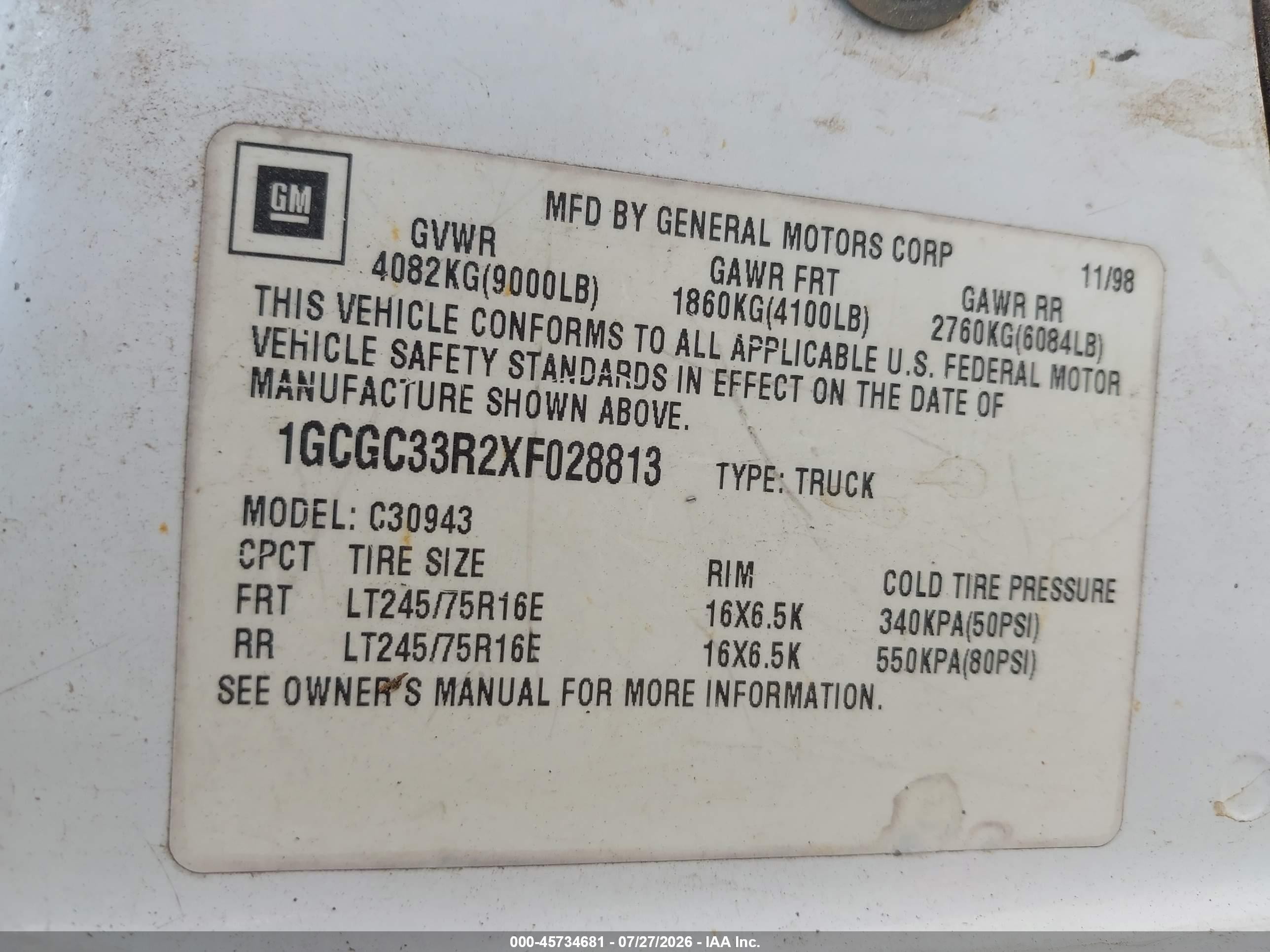 1999 Chevrolet C/k 3500   White vin: 1GCGC33R2XF028813