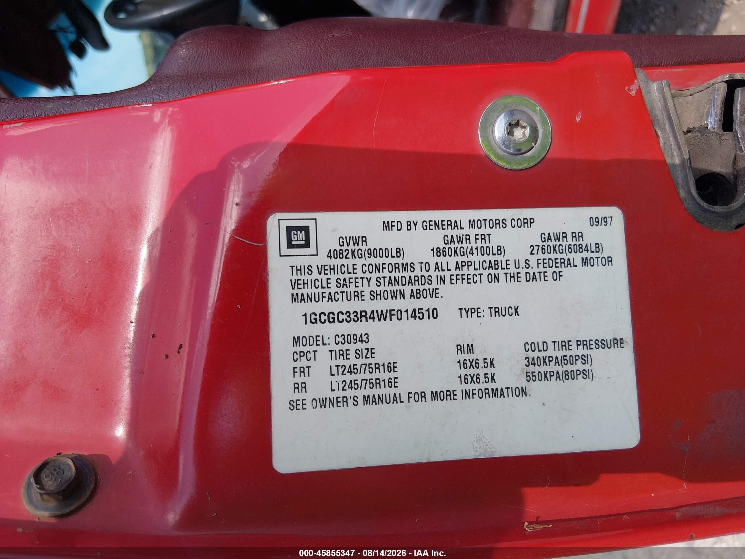 1998 Chevrolet C3500   Red vin: 1GCGC33R4WF014510