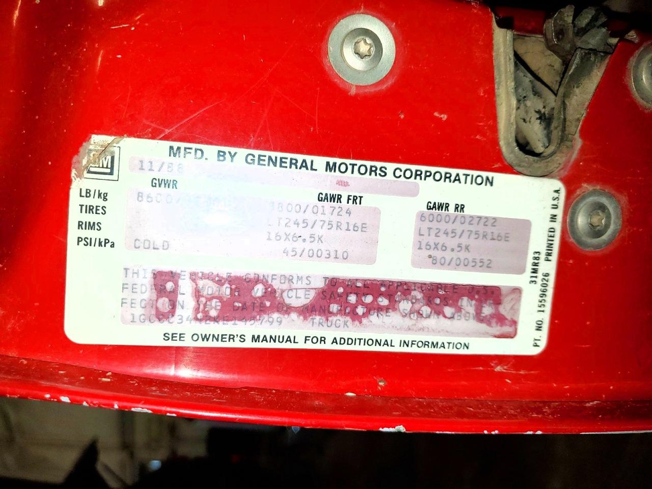 1989 Chevrolet Gmt-400 C3500 Red vin: 1GCGC34N2KE145799
