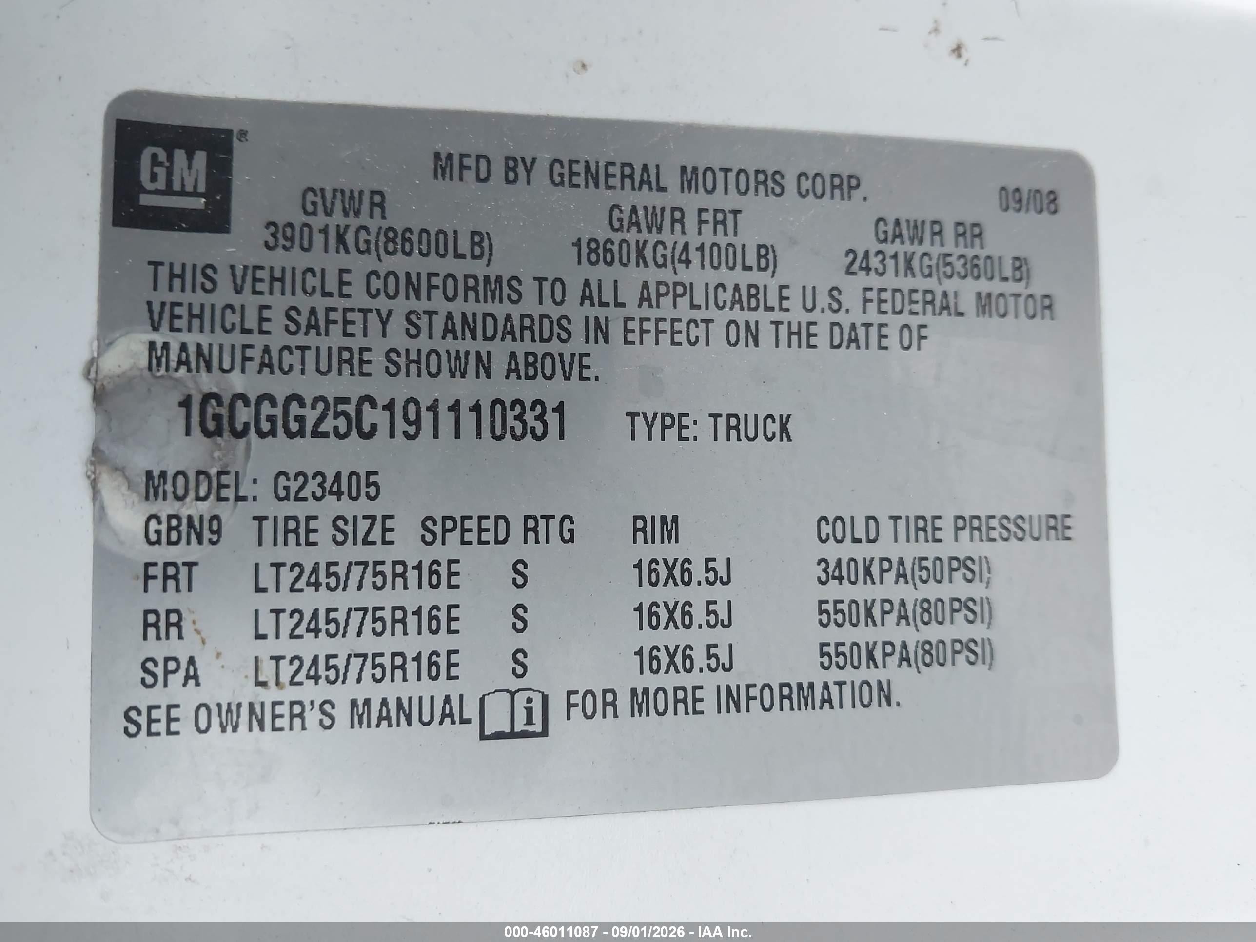 2009 Chevrolet Express 2500 Work Van White vin: 1GCGG25C191110331