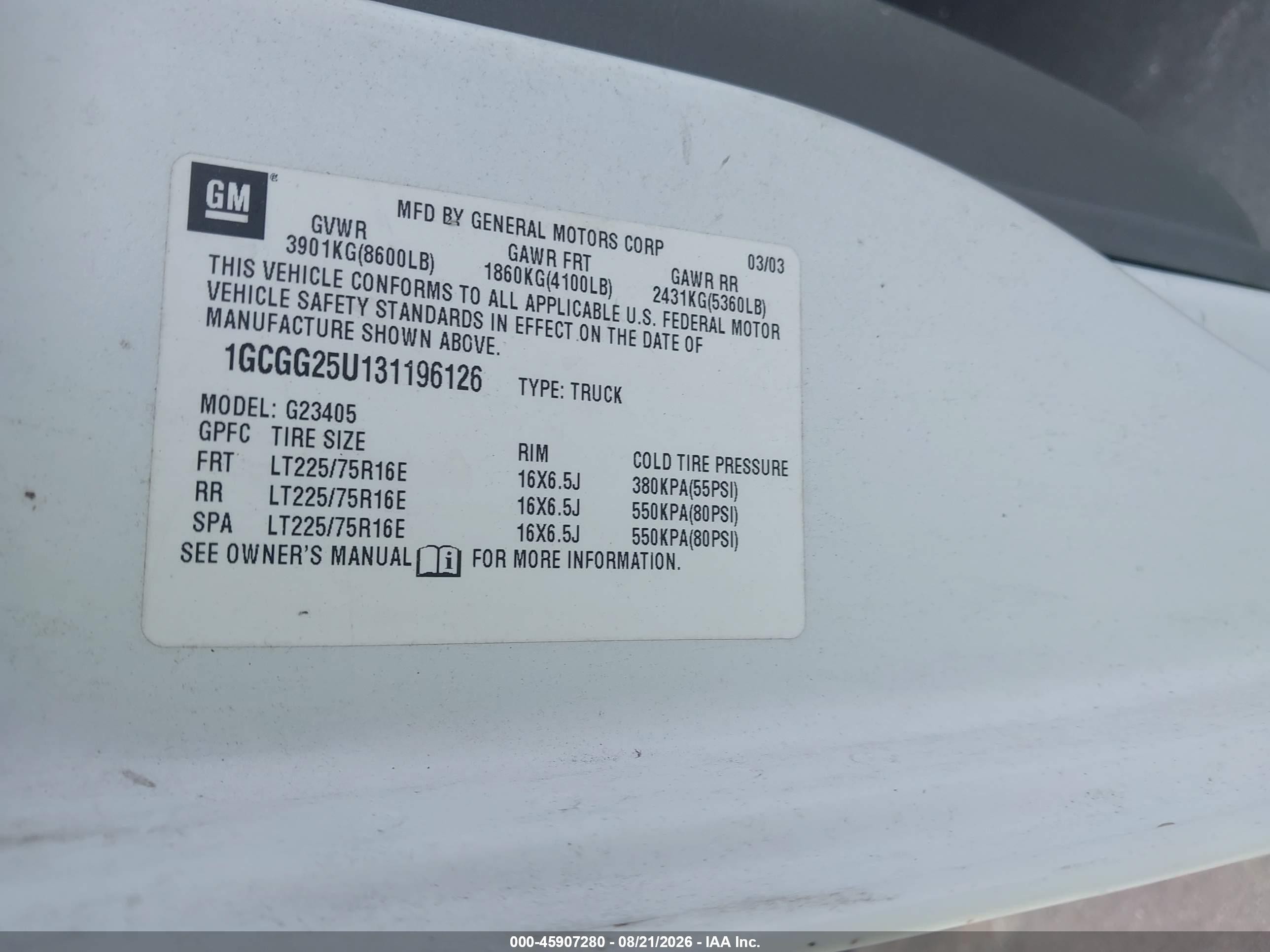 2003 Chevrolet Express   White vin: 1GCGG25U131196126