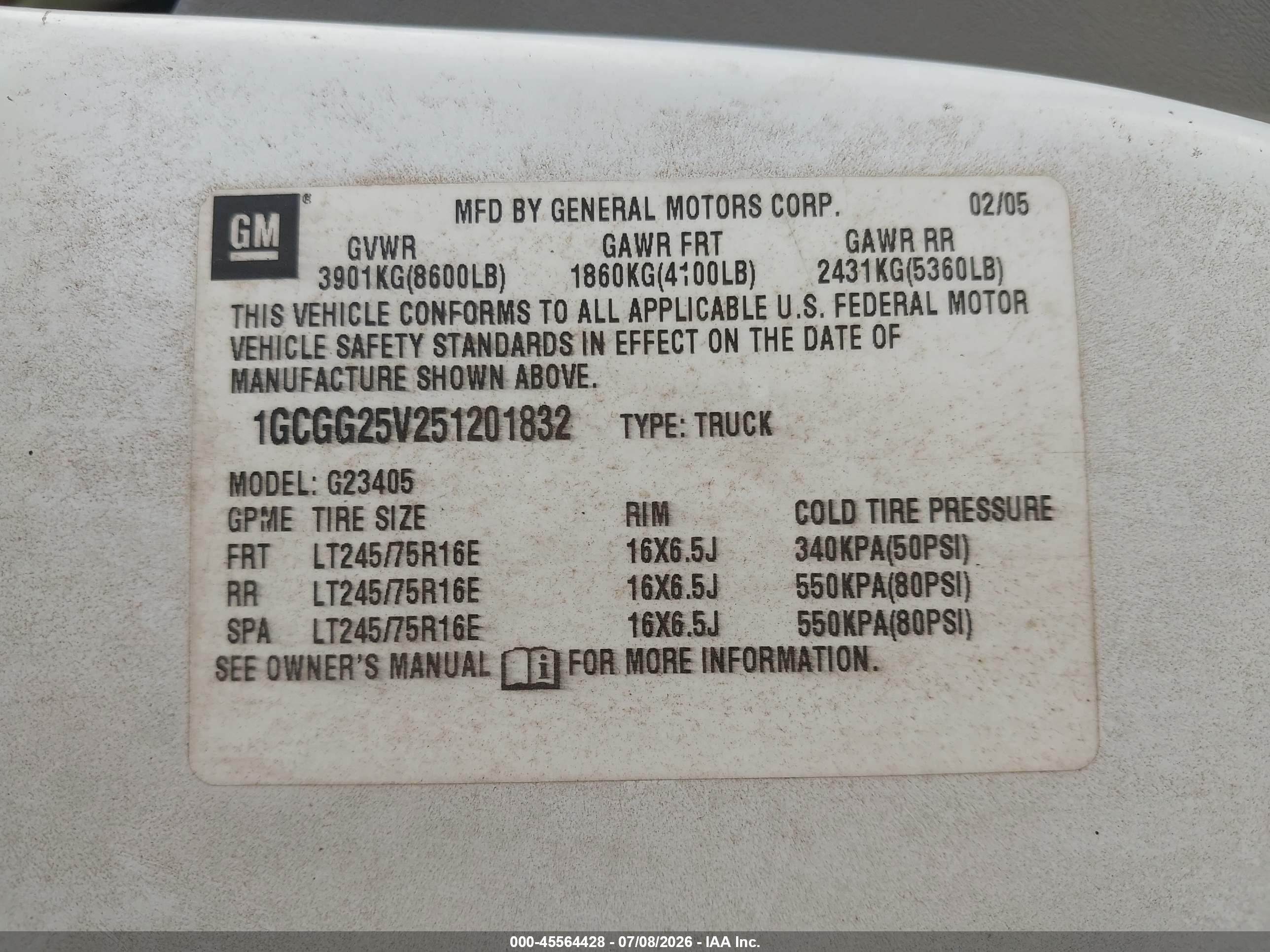 2005 Chevrolet Express   White vin: 1GCGG25V251201832