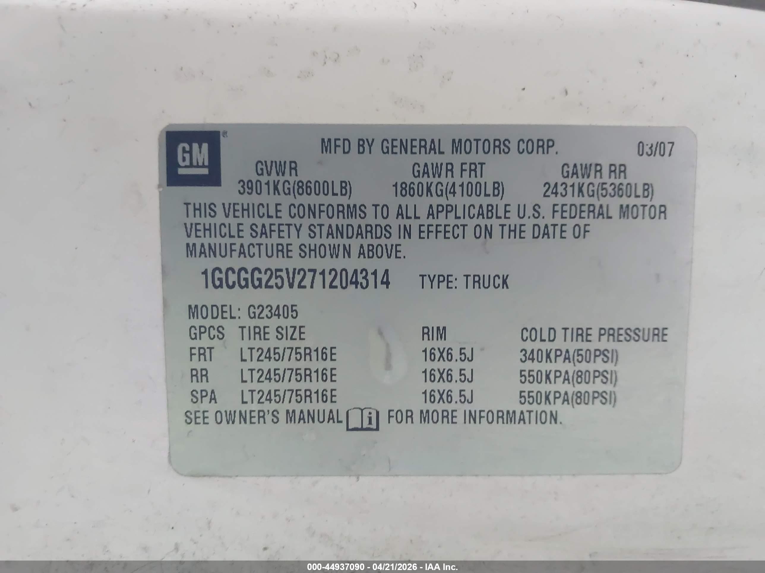 2007 Chevrolet Express Work Van White vin: 1GCGG25V271204314