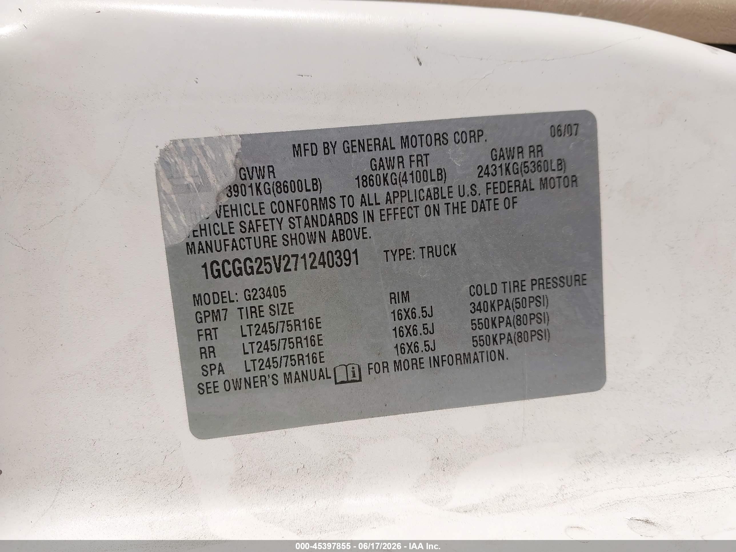 2007 Chevrolet Express Work Van White vin: 1GCGG25V271240391