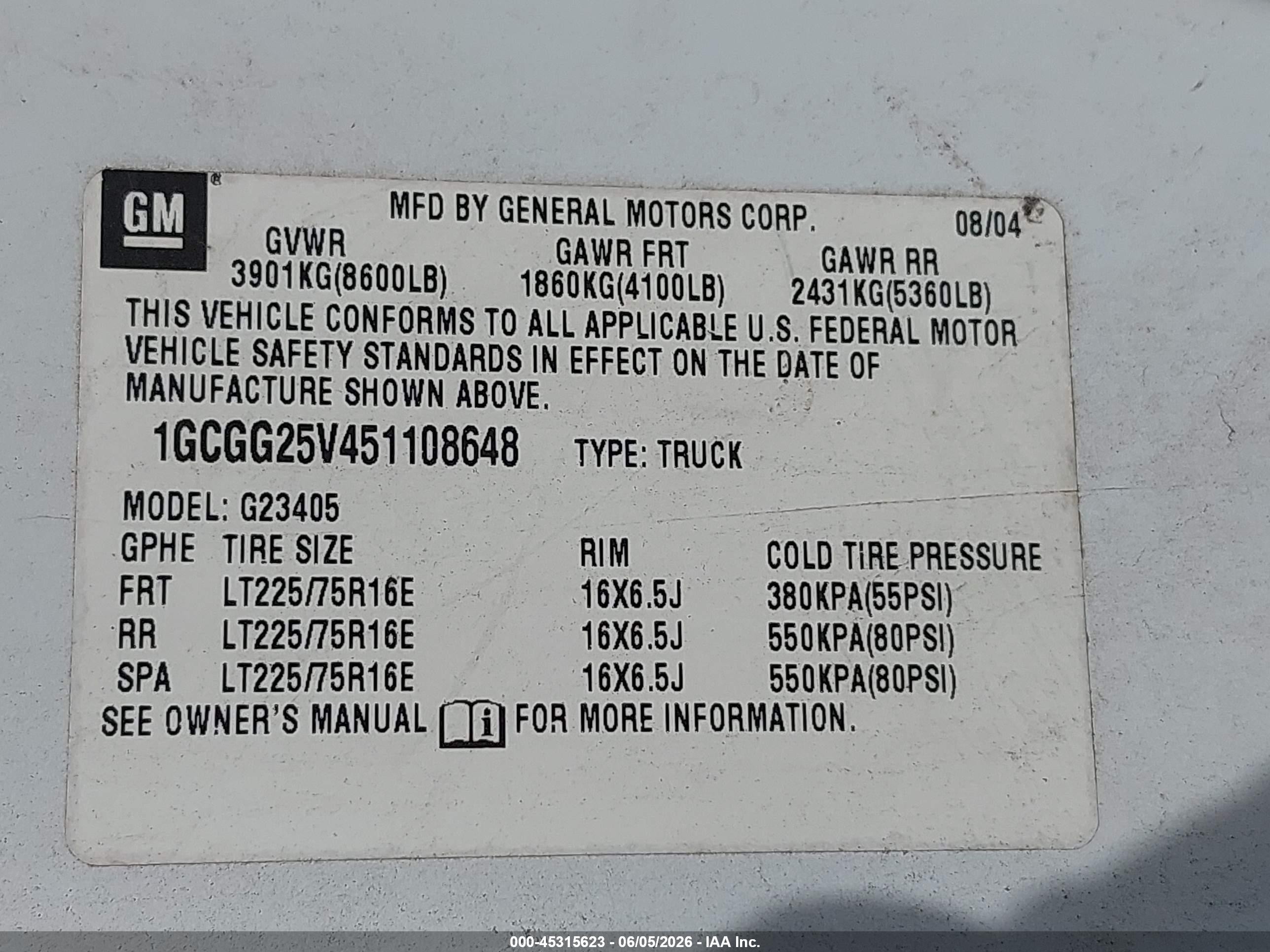 2005 Chevrolet Express   White vin: 1GCGG25V451108648