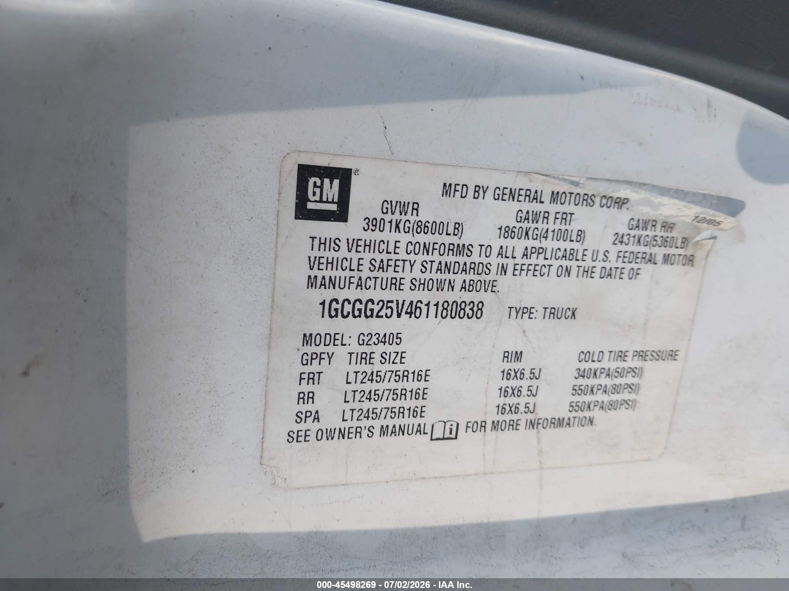 2006 Chevrolet Express Work Van White vin: 1GCGG25V461180838