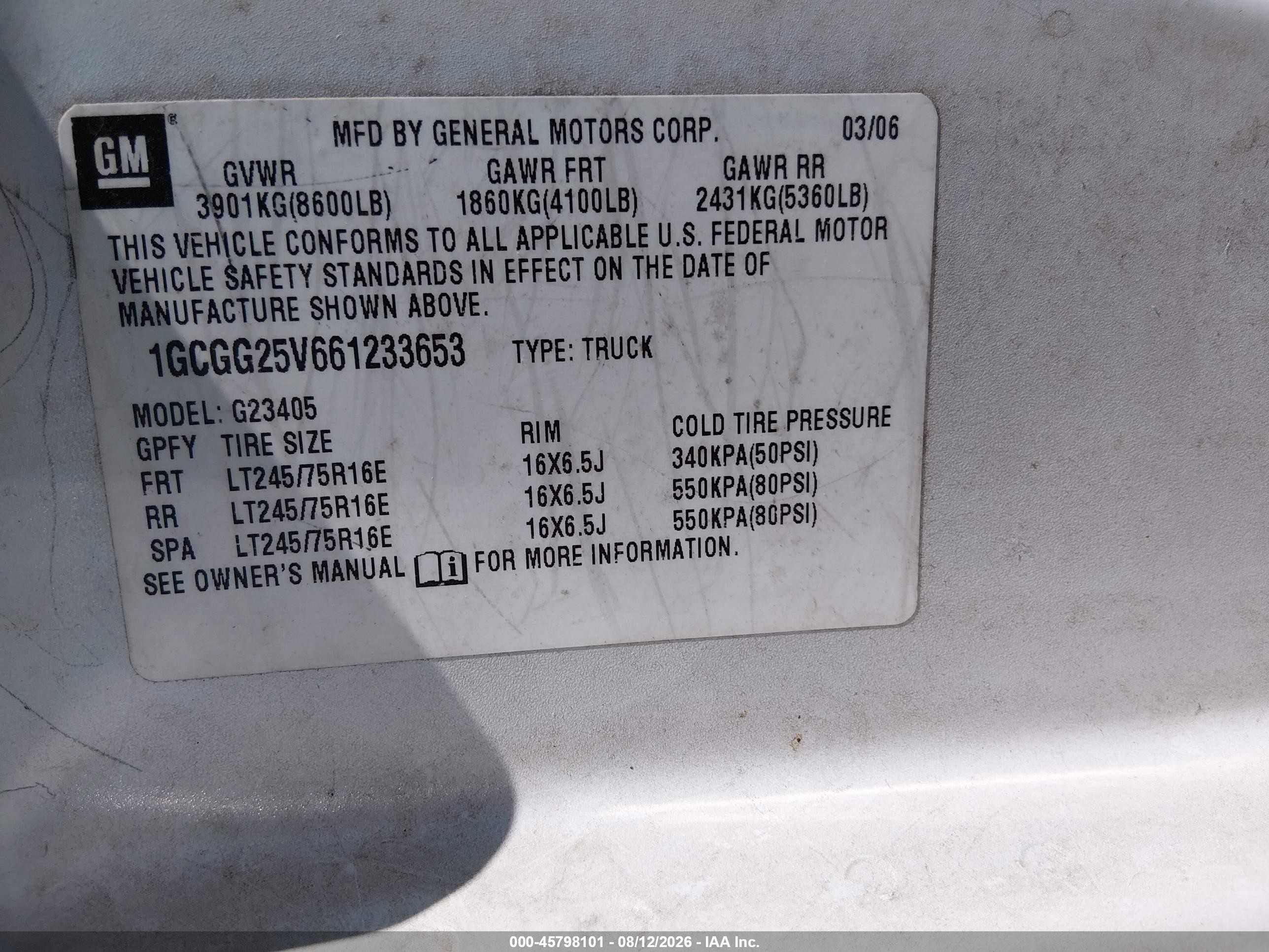 2006 Chevrolet Express Work Van White vin: 1GCGG25V661233653