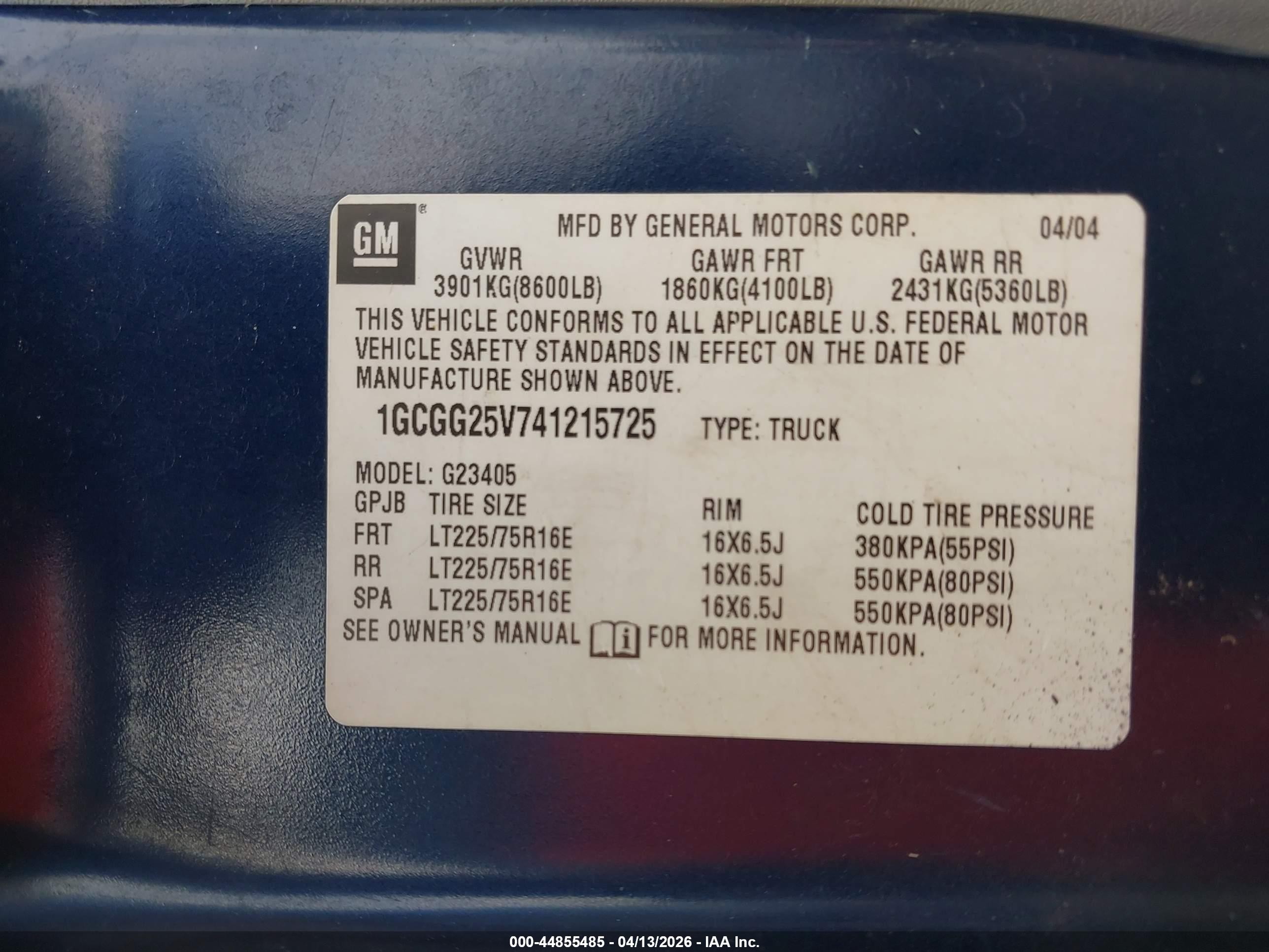 2004 Chevrolet Express   Blue vin: 1GCGG25V741215725