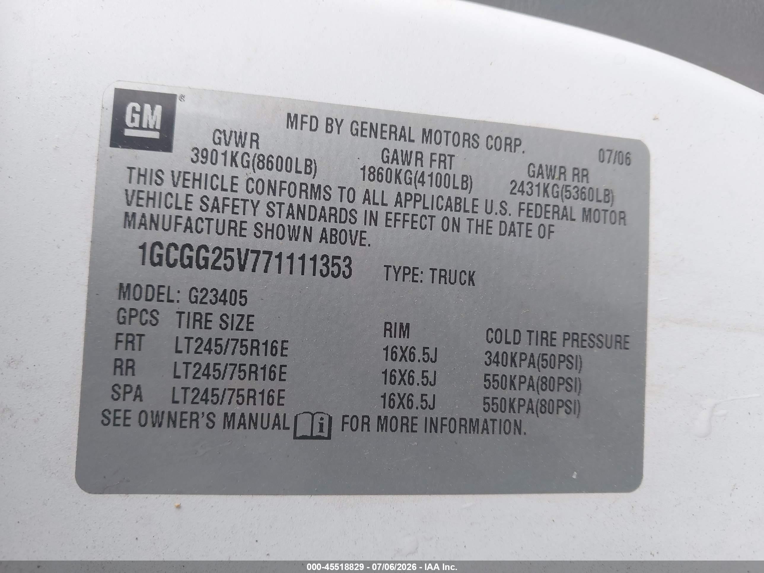2007 Chevrolet Express Work Van White vin: 1GCGG25V771111353