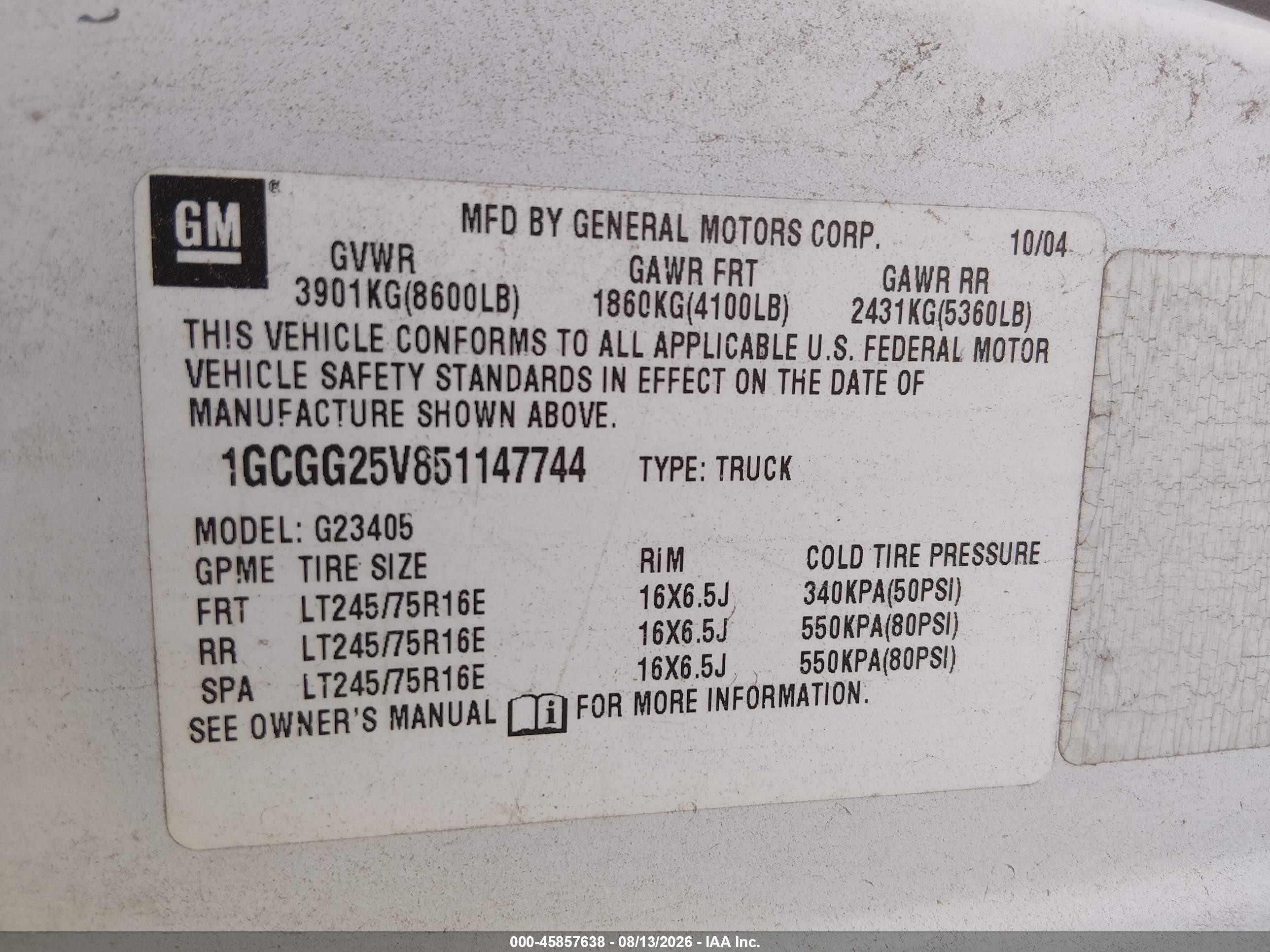 2005 Chevrolet Express   White vin: 1GCGG25V851147744