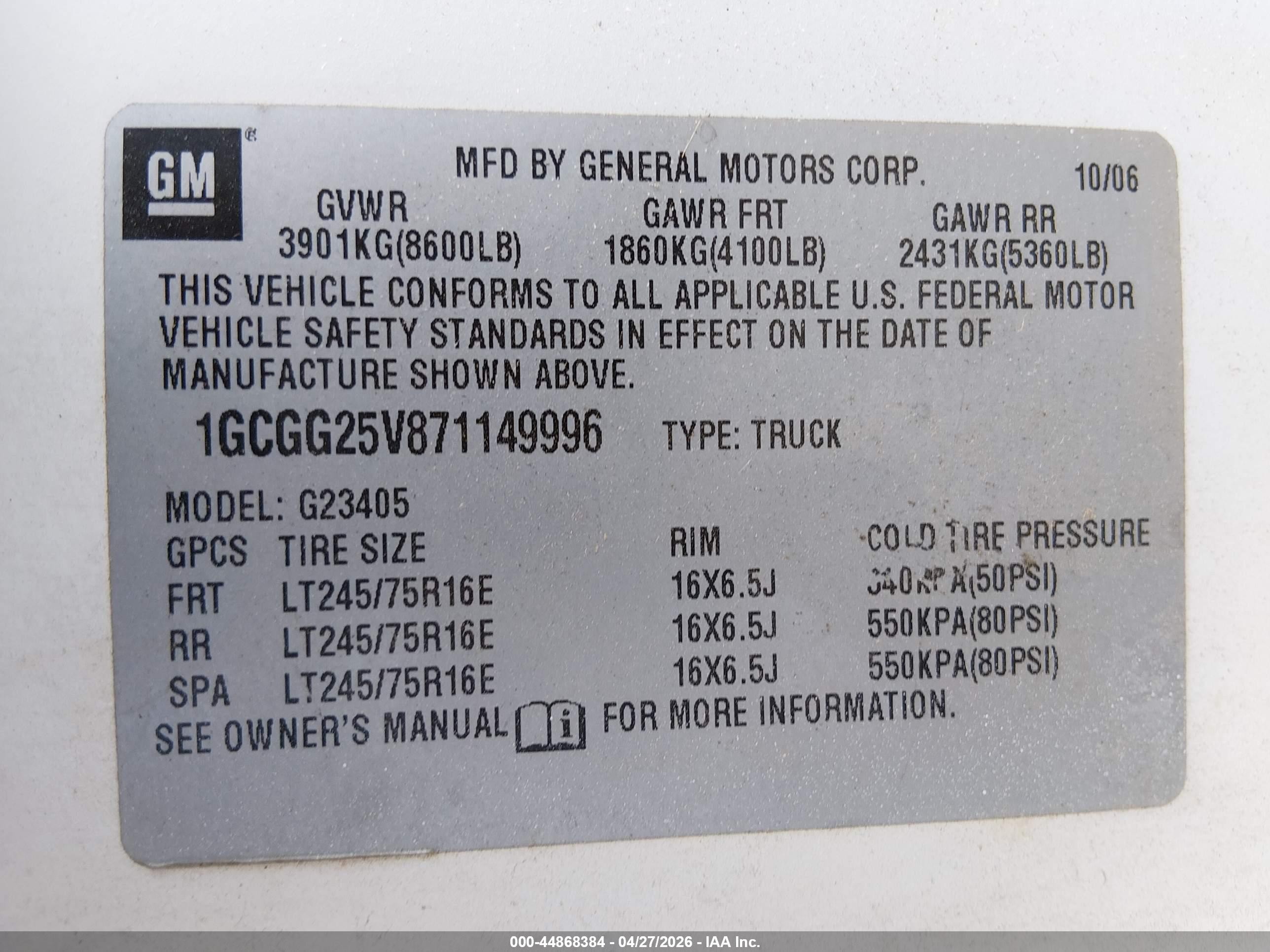 2007 Chevrolet Express Work Van White vin: 1GCGG25V871149996
