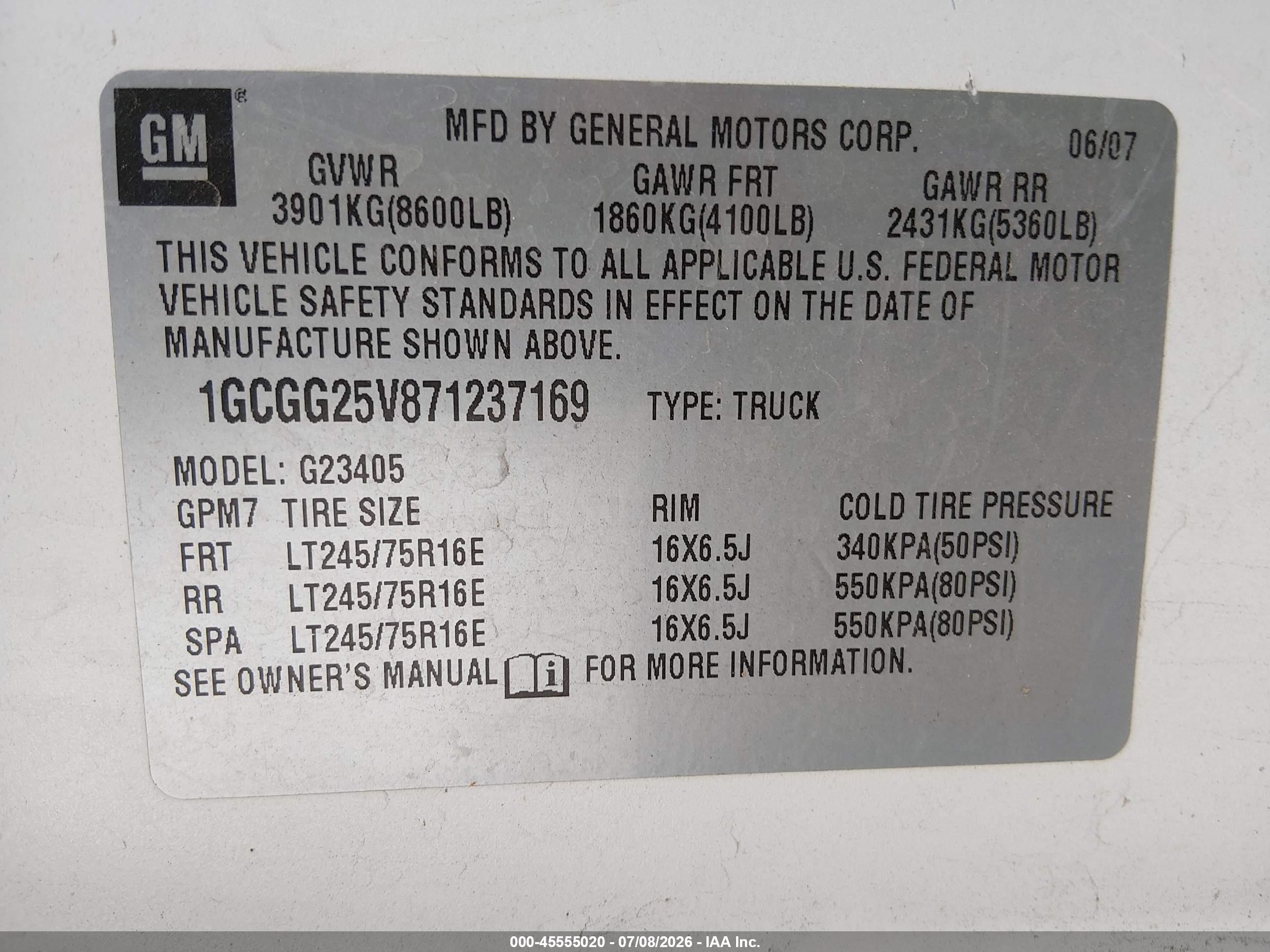 2007 Chevrolet Express Work Van White vin: 1GCGG25V871237169
