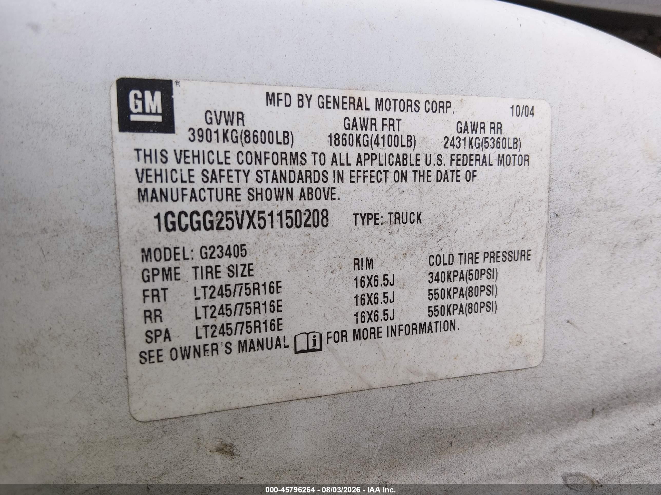 2005 Chevrolet Express   Белый vin: 1GCGG25VX51150208