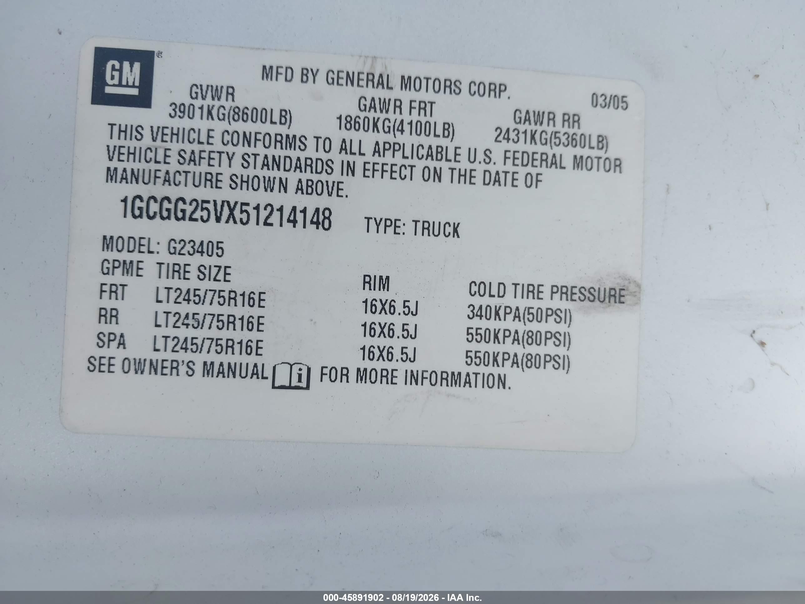 2005 Chevrolet Express   White vin: 1GCGG25VX51214148