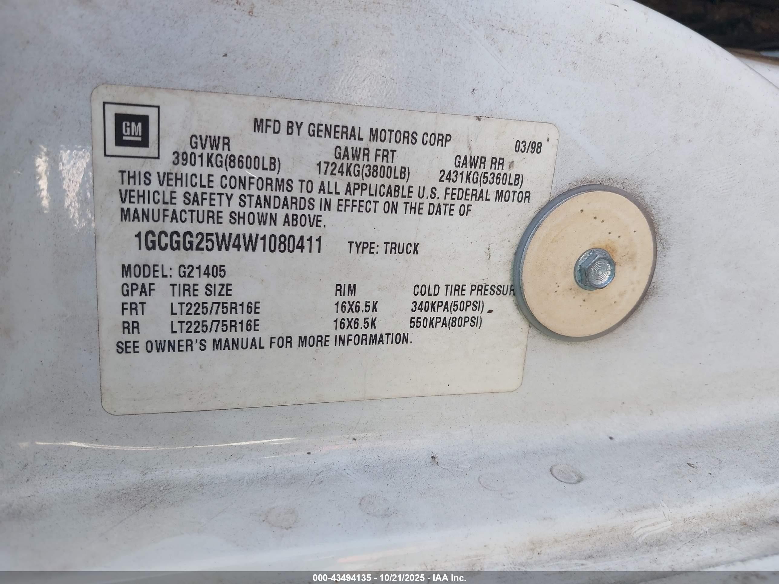 1998 Chevrolet Chevy Van G2500 Белый vin: 1GCGG25W4W1080411