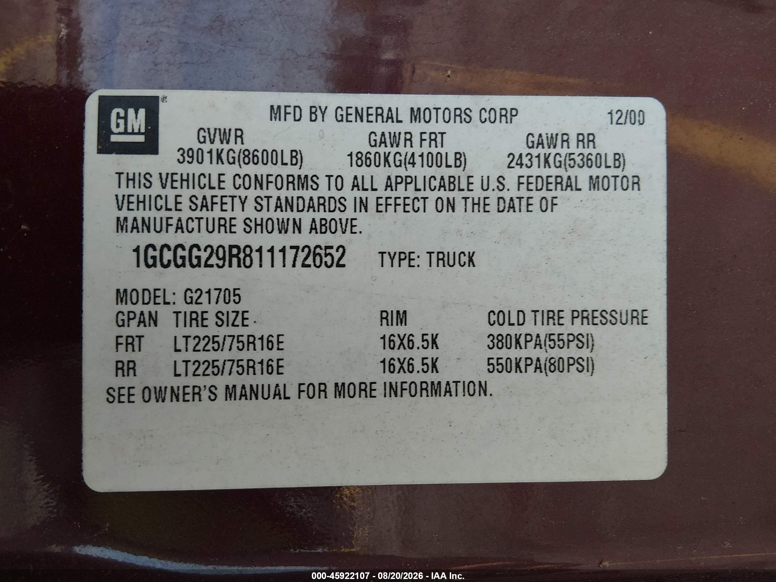 2001 Chevrolet Express   Red vin: 1GCGG29R811172652