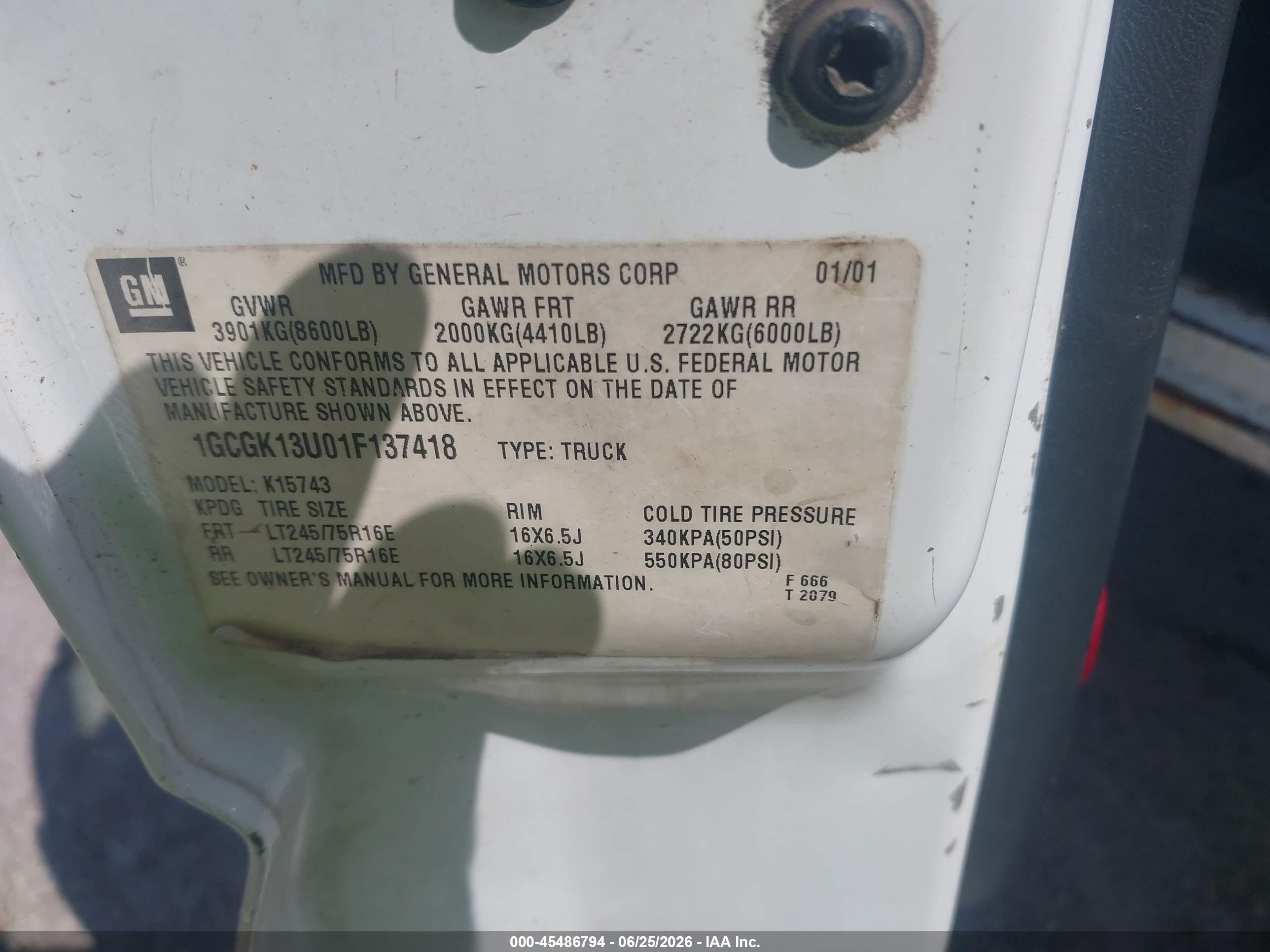 2001 Chevrolet Silverado 1500hd Ls White vin: 1GCGK13U01F137418